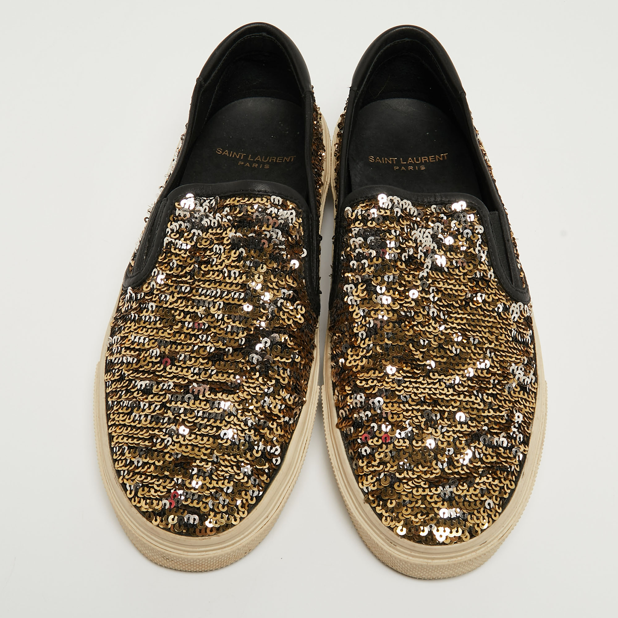 Saint Laurent Gold/Silver Sequins Slip On Sneakers Size 37.5