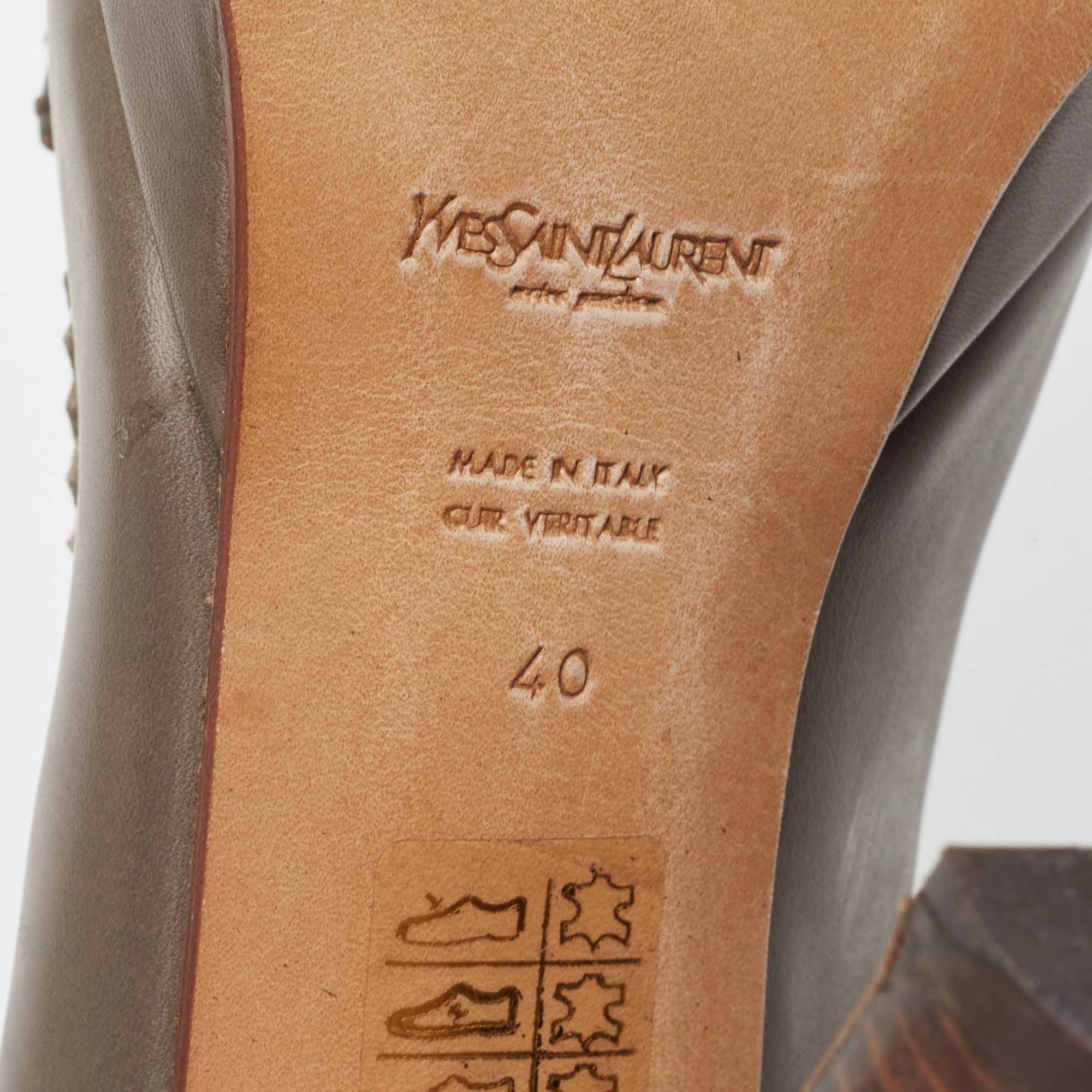 Saint Laurent Grey Leather Platform Loafer Pumps Size 40