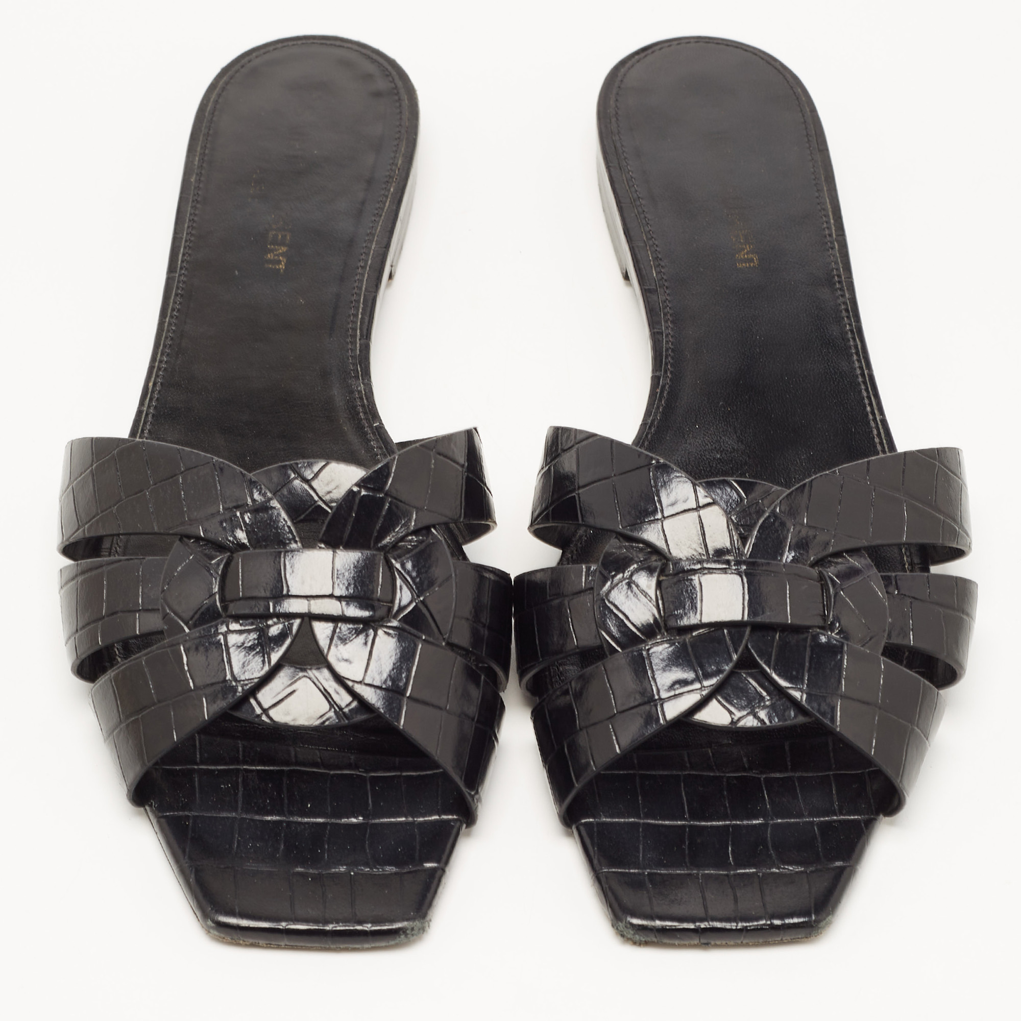 Saint Laurent Black Croc Embossed Leather Tribute Flat Slides Size 39