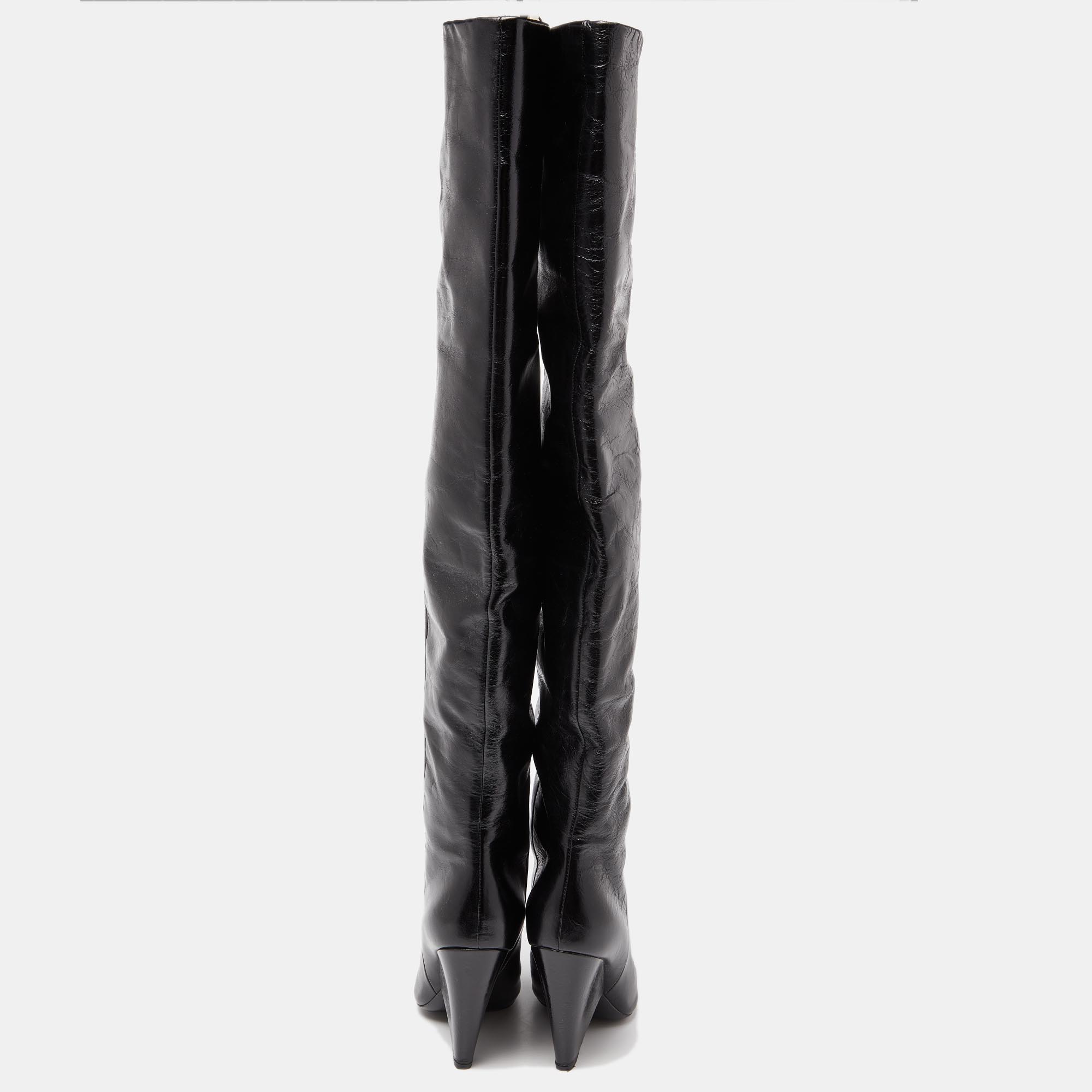 Saint Laurent Black Patent Leather Niki Over The Knee Boots Size 38