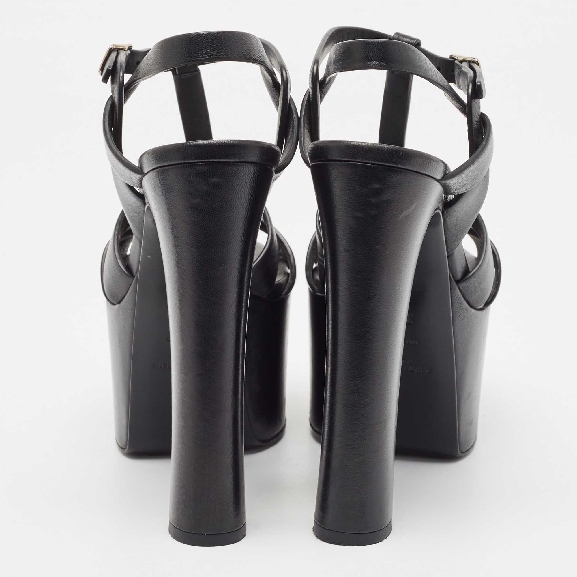 Saint Laurent Black Leather Platform Block Heel Ankle Strap Tribute Sandals Size 38.5