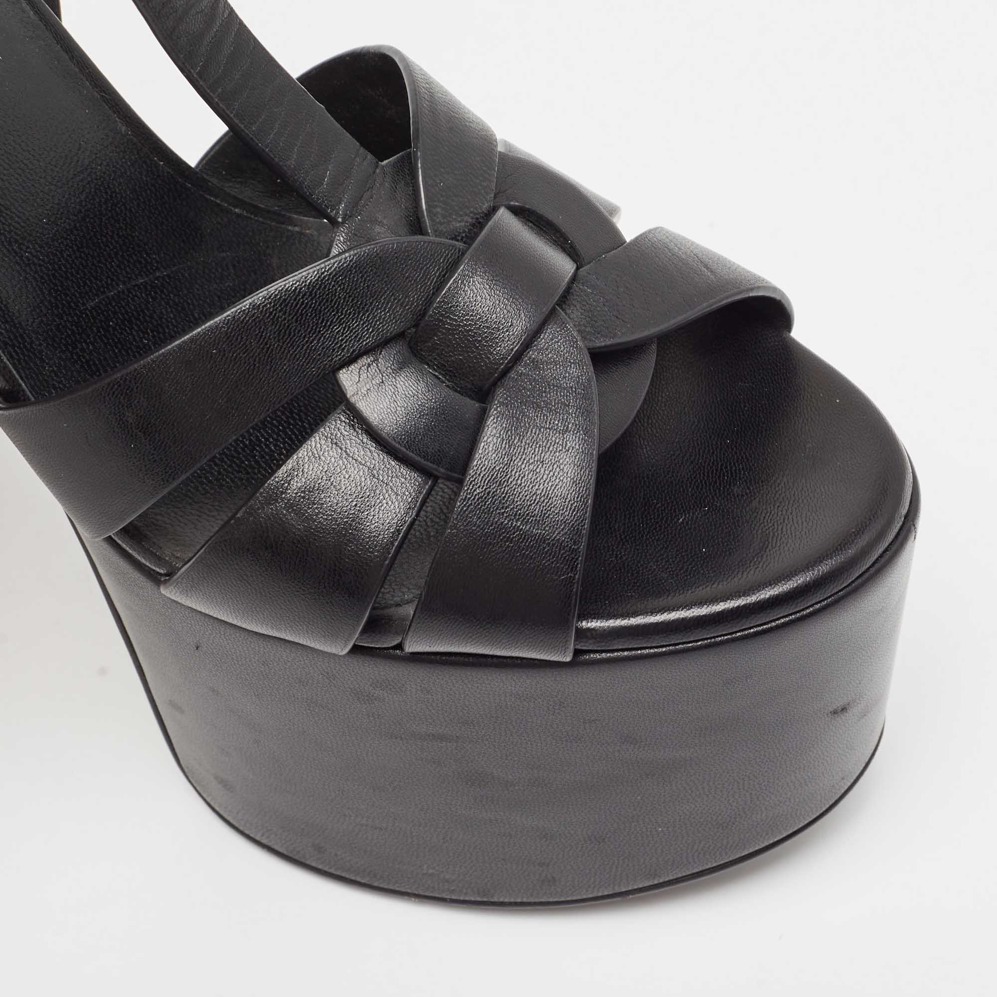 Saint Laurent Black Leather Platform Block Heel Ankle Strap Tribute Sandals Size 38.5