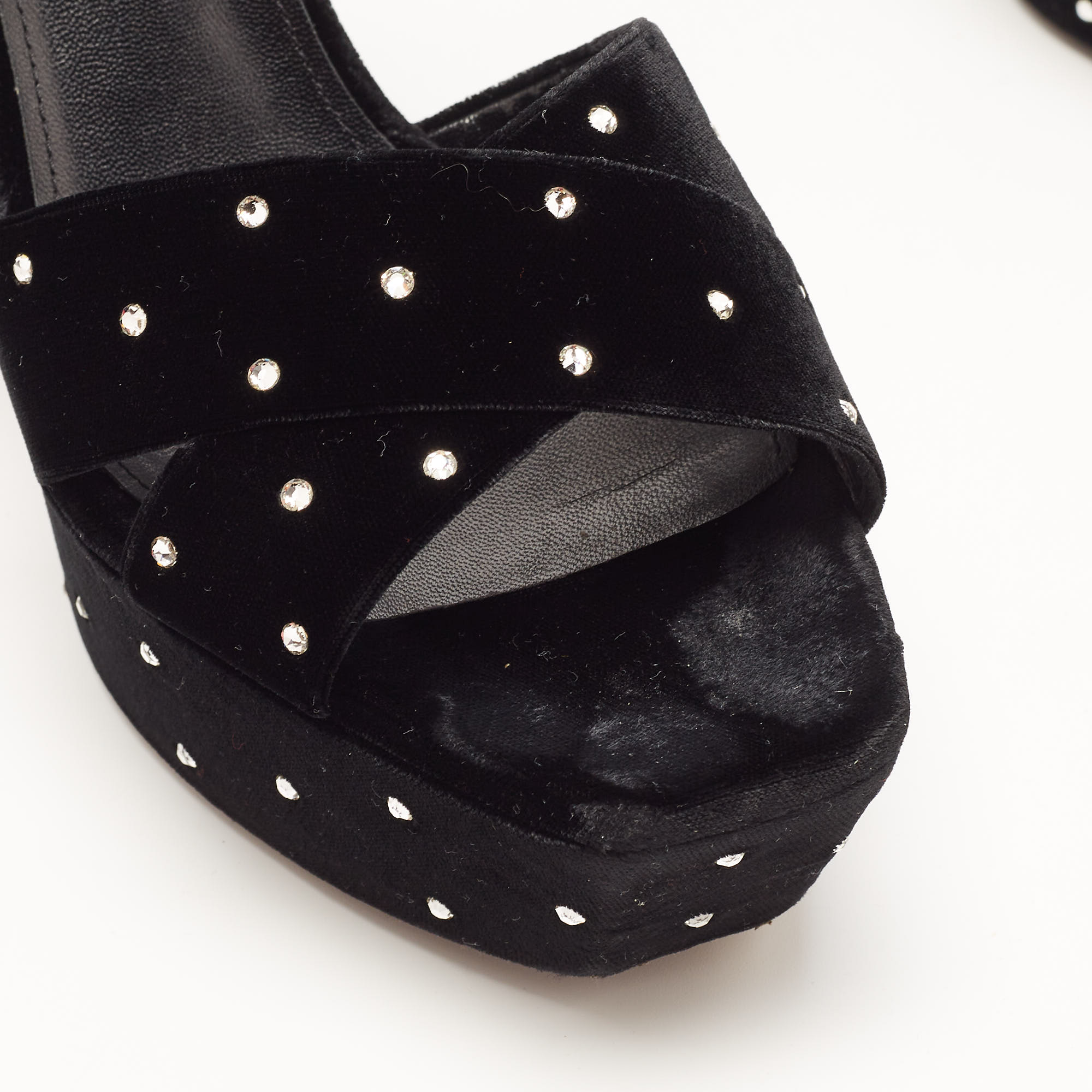 Saint Laurent Black Crystal Embellished Velvet Farrah Sandals Size 40