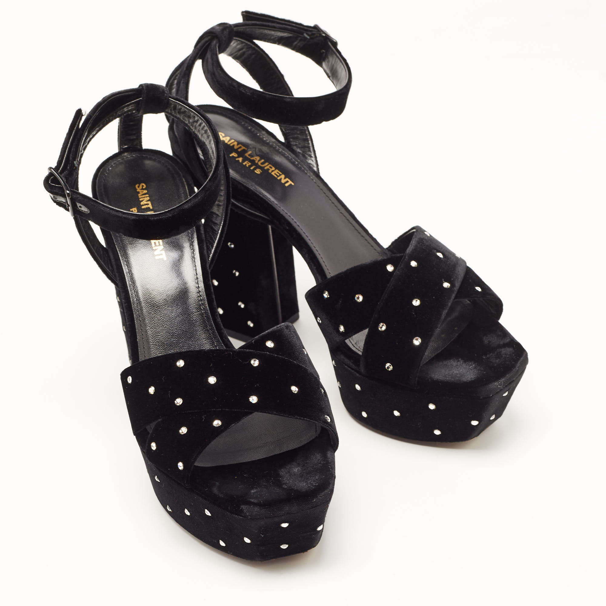 Saint Laurent Black Crystal Embellished Velvet Farrah Sandals Size 40
