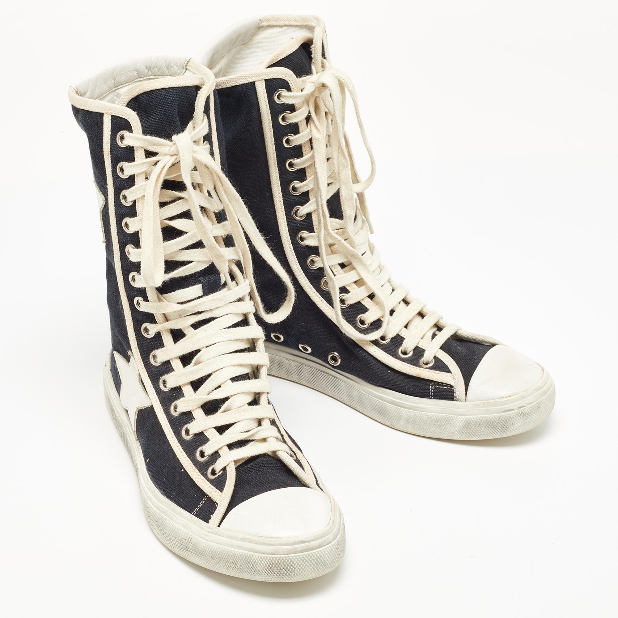 Saint Laurent Black/White Canvas And Leather Star Applique High Top Sneakers Size 37.5