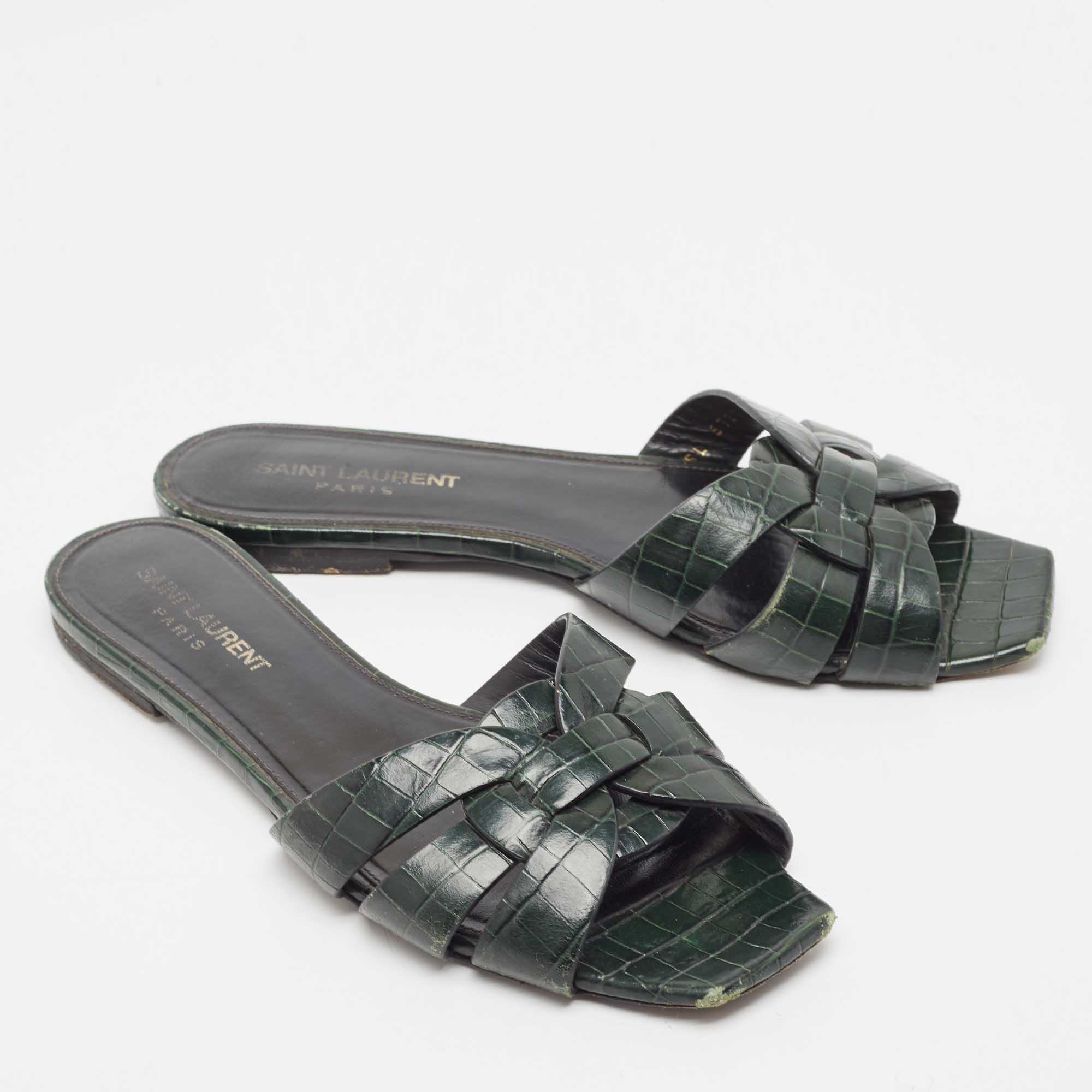 Saint Laurent Dark Green Croc Embossed Leather Tribute  Flat Slides Size 37.5