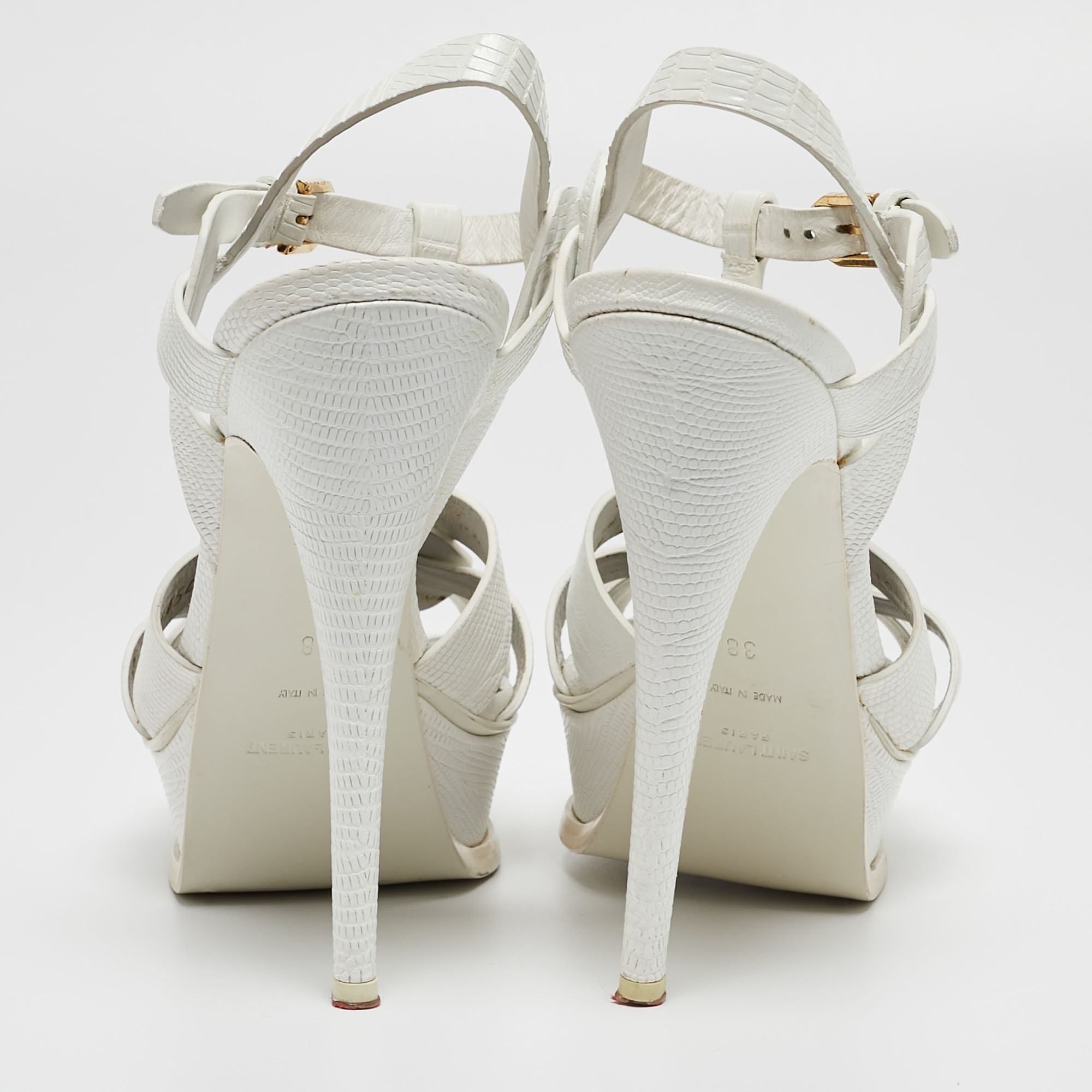 Saint Laurent White Lizard Embossed Leather Tribute Sandals Size 38