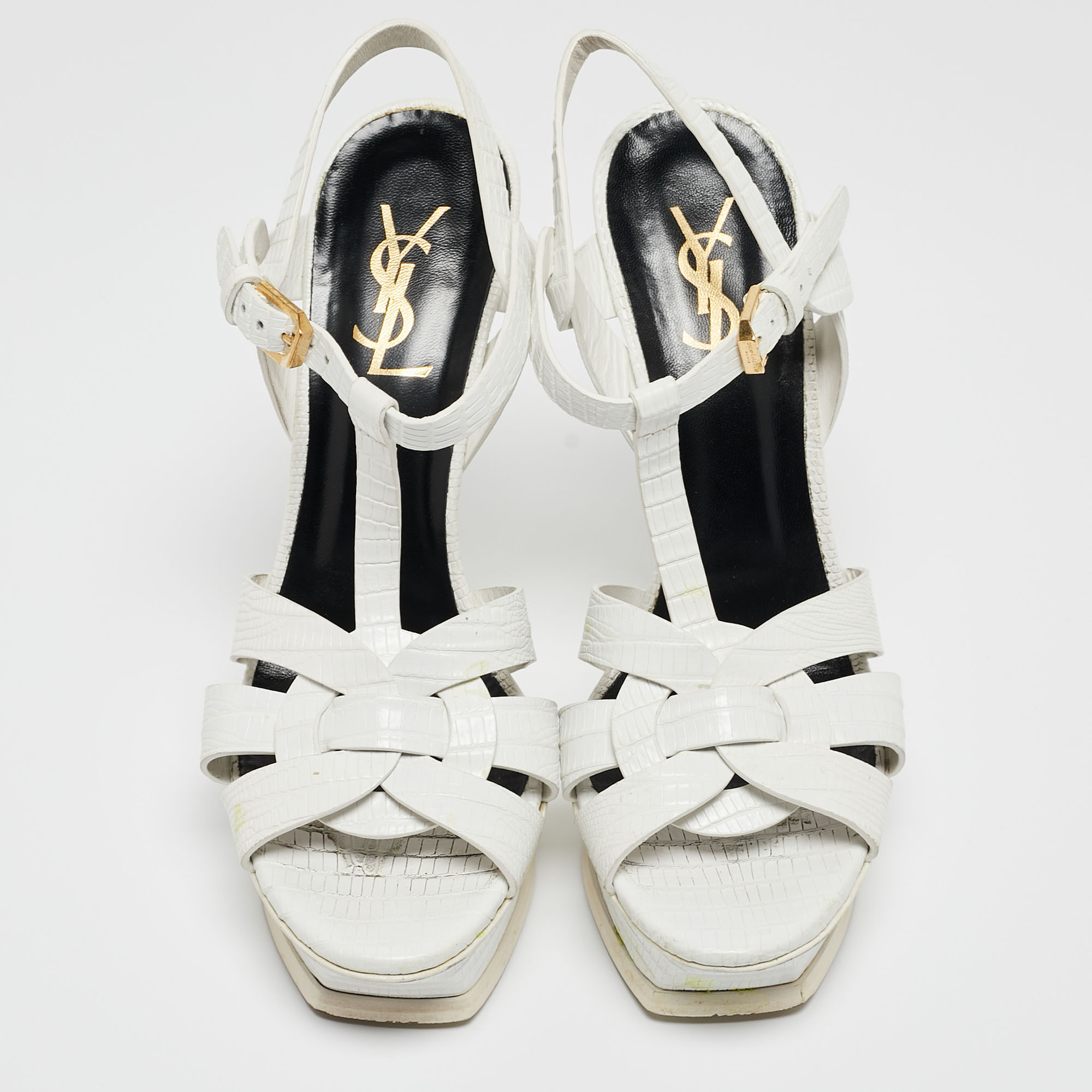 Saint Laurent White Lizard Embossed Leather Tribute Sandals Size 38