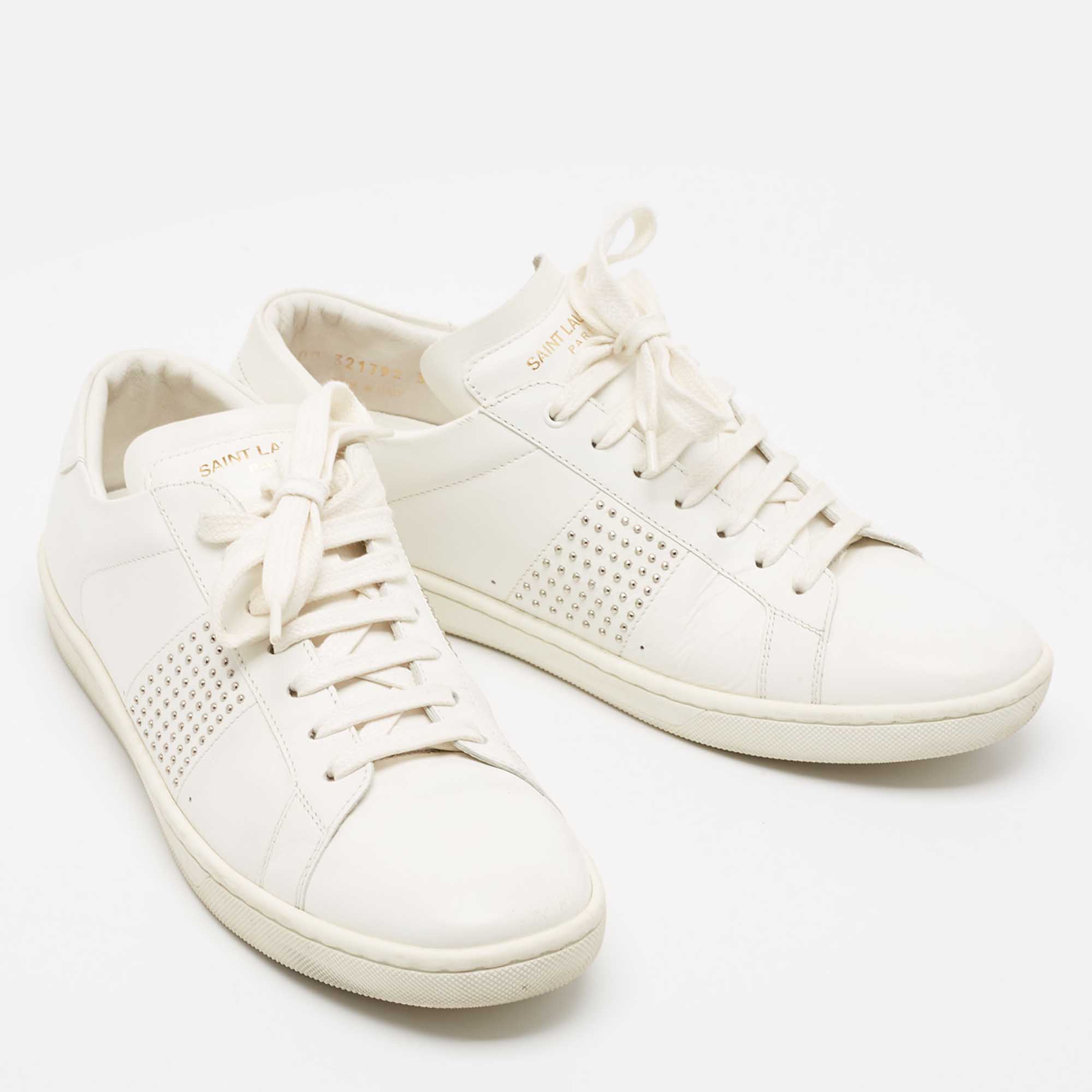 Saint Laurent White Leather Crystal Embellished Low Top Sneakers Size 39