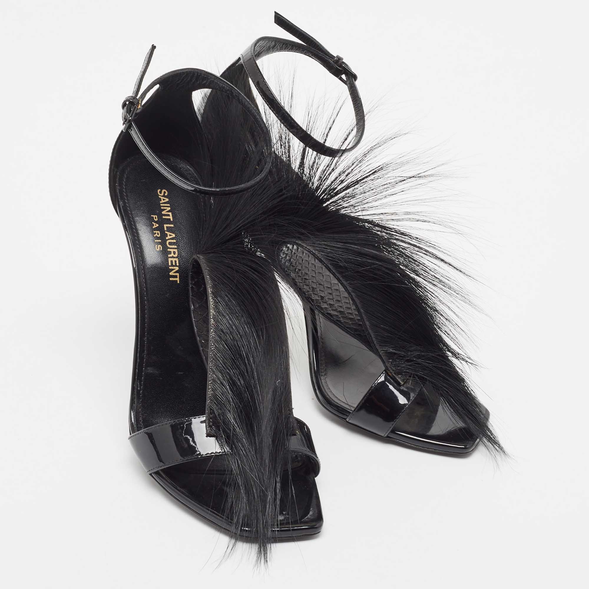 Saint Laurent Black Fur And Patent Runaway Mohawk Ankle Strap Sandals Size 38