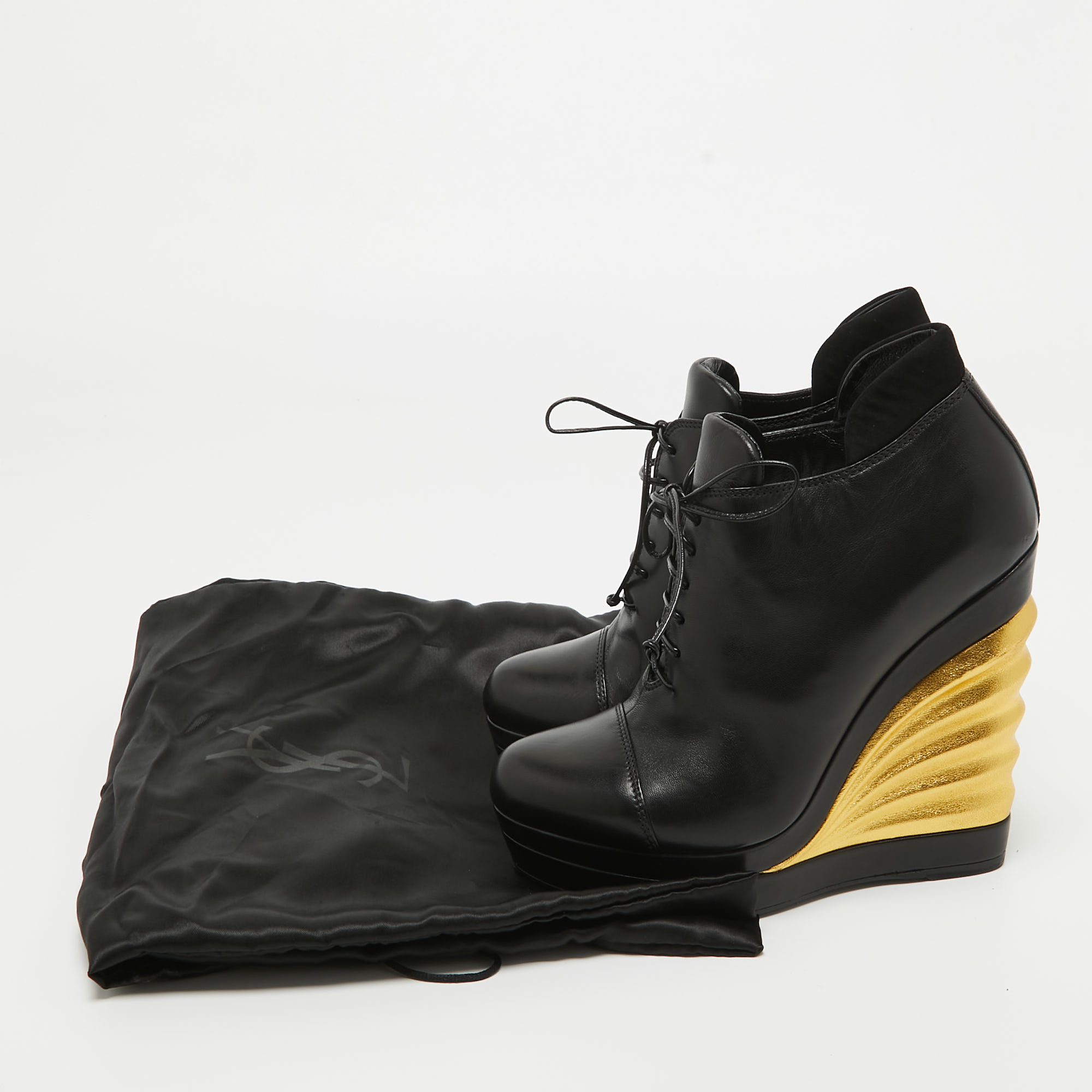 Saint Laurent Black Leather Robyn Wedge Booties Size 36