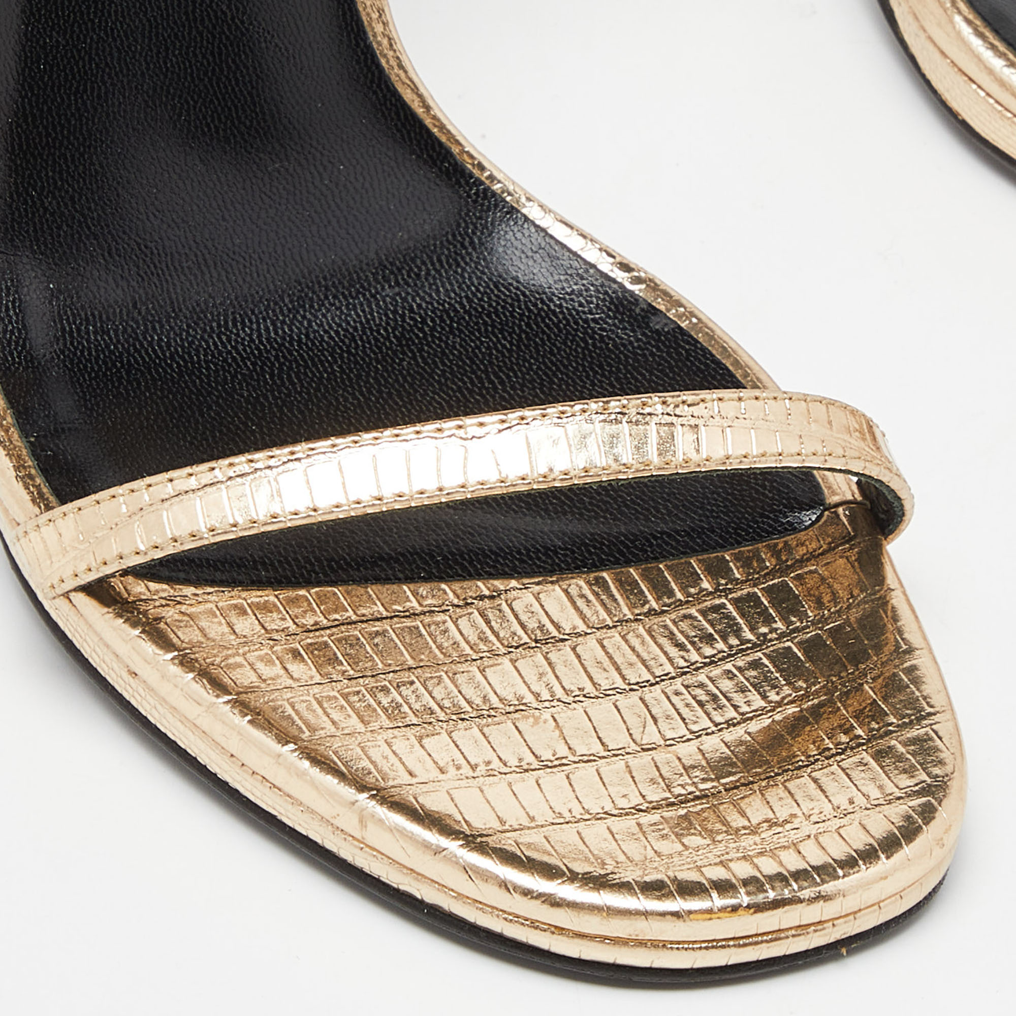 Saint Laurent Metallic Gold Lizard Embossed Leather Jane Ankle-Strap Sandals Size 38