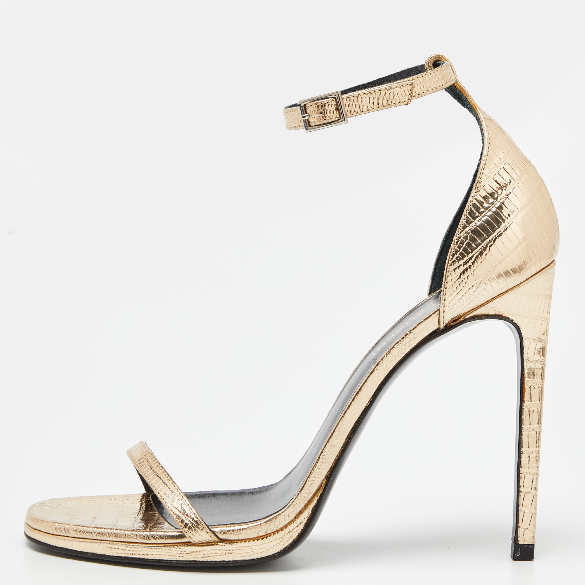 Saint Laurent Metallic Gold Lizard Embossed Leather Jane Ankle-Strap Sandals Size 38