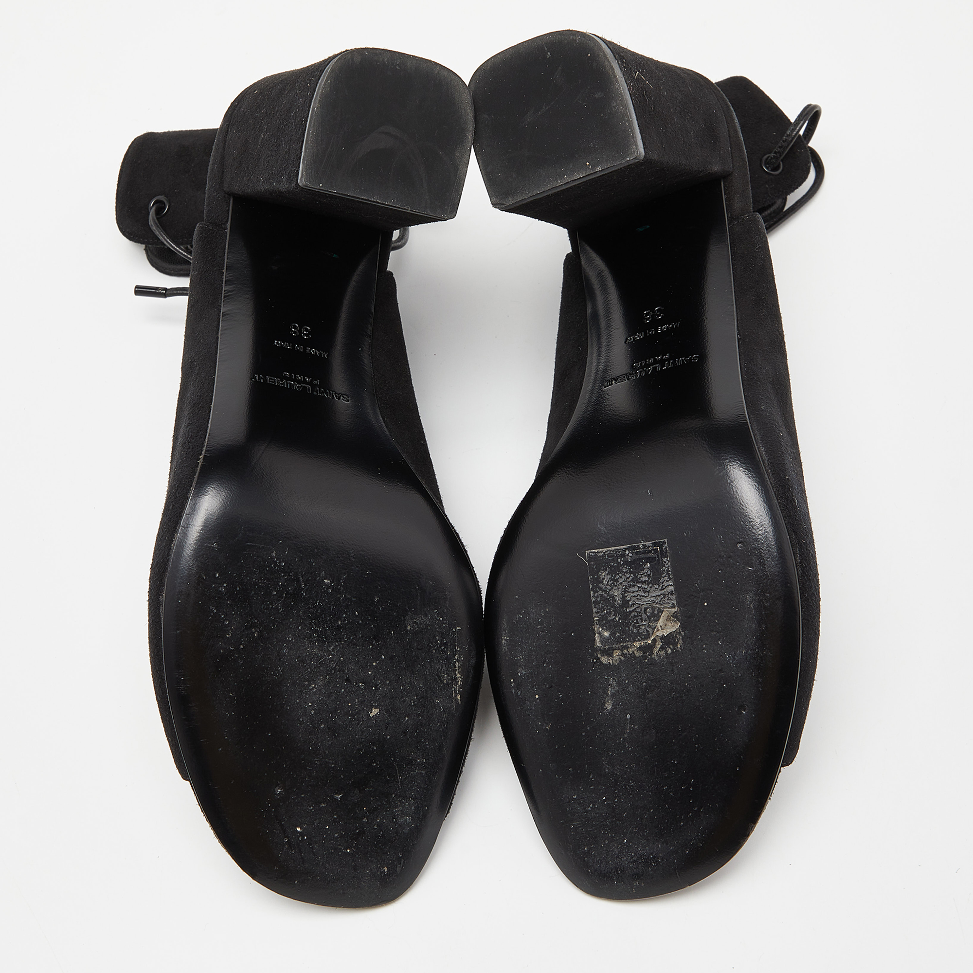 Saint Laurent Black Suede Lace Up Block Heel Sandals Size 38