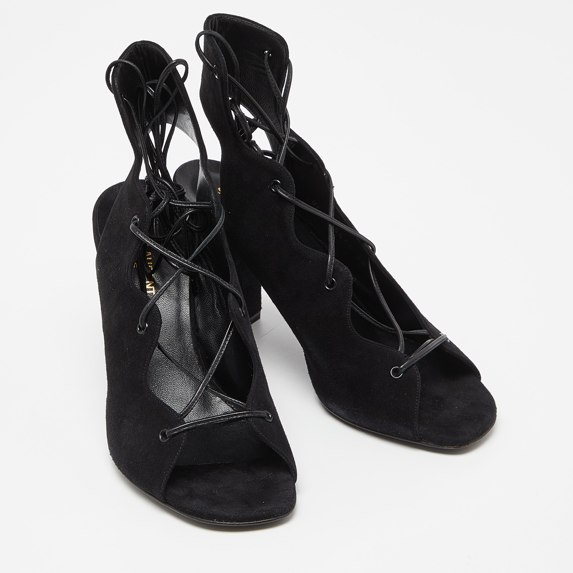 Saint Laurent Black Suede Lace Up Block Heel Sandals Size 38