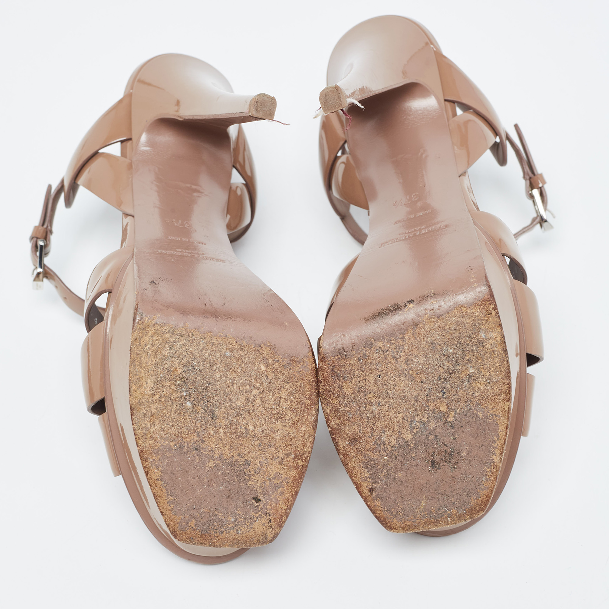 Saint Laurent Light Brown Patent Leather Tribute Sandals Size 37.5