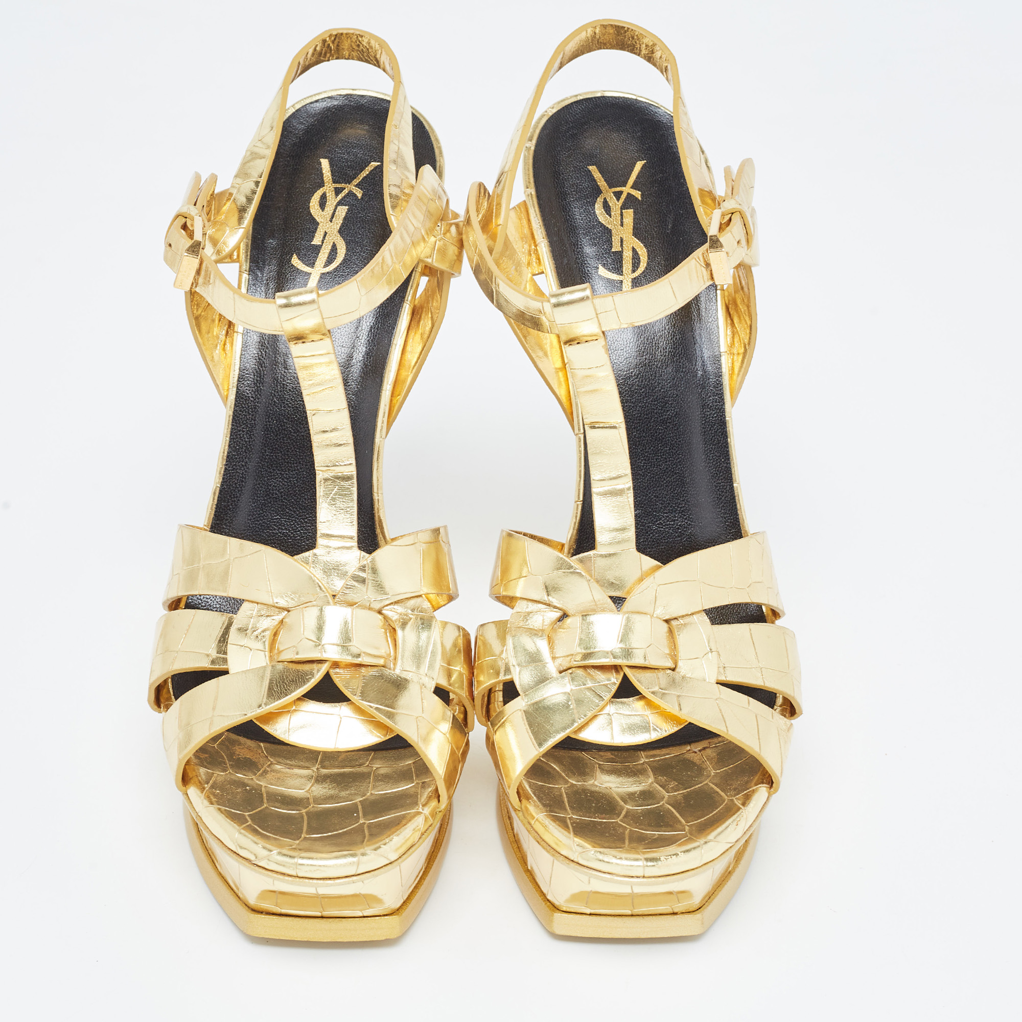 Saint Laurent Gold Croc Embossed Leather Tribute Sandals Size 41