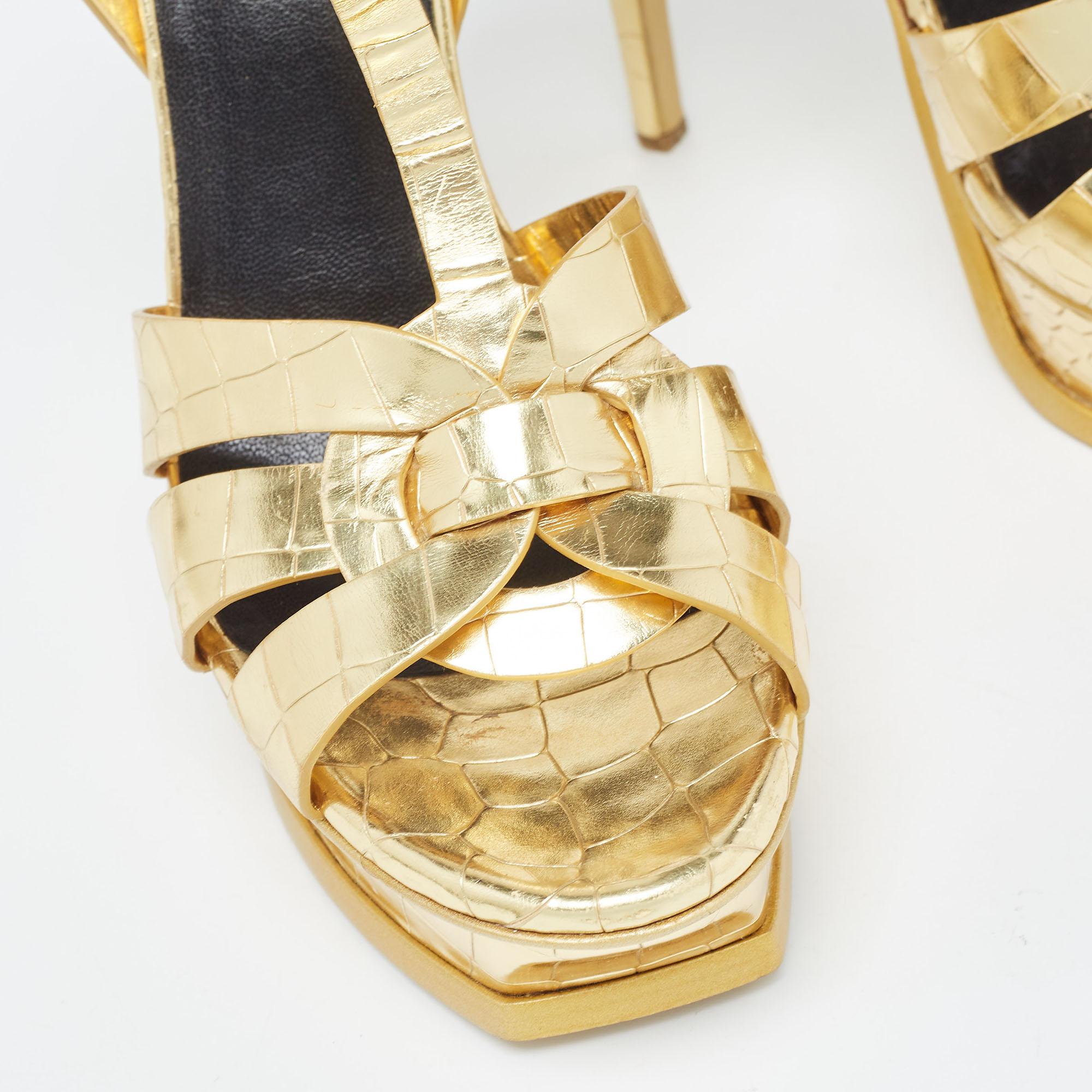 Saint Laurent Gold Croc Embossed Leather Tribute Sandals Size 41