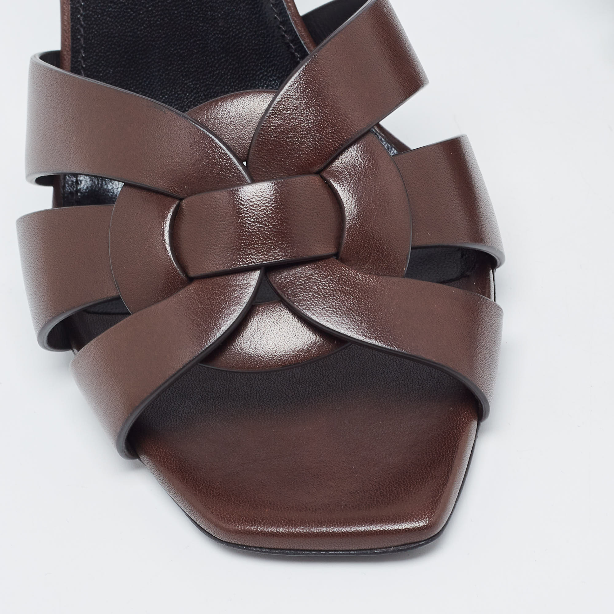 Saint Laurent Brown Leather Tribute Slide Sandals Size 38.5