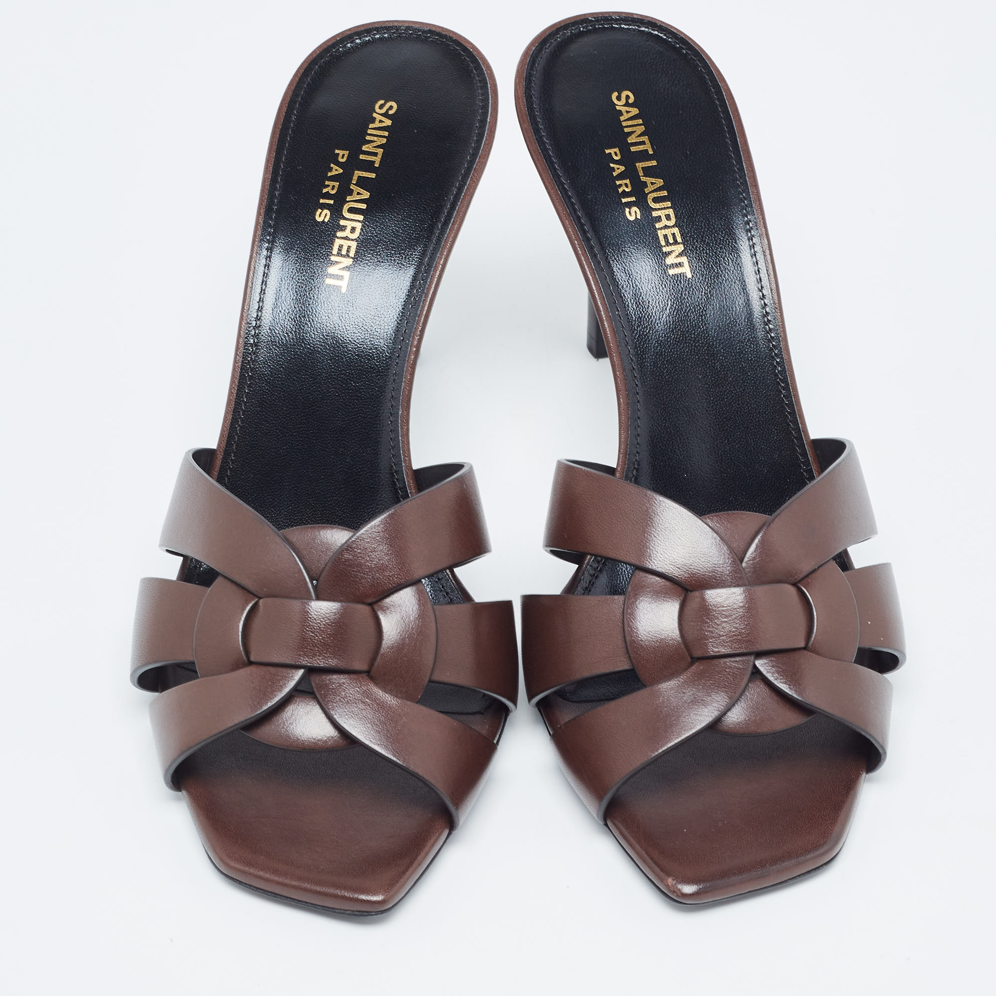 Saint Laurent Brown Leather Tribute Slide Sandals Size 38.5