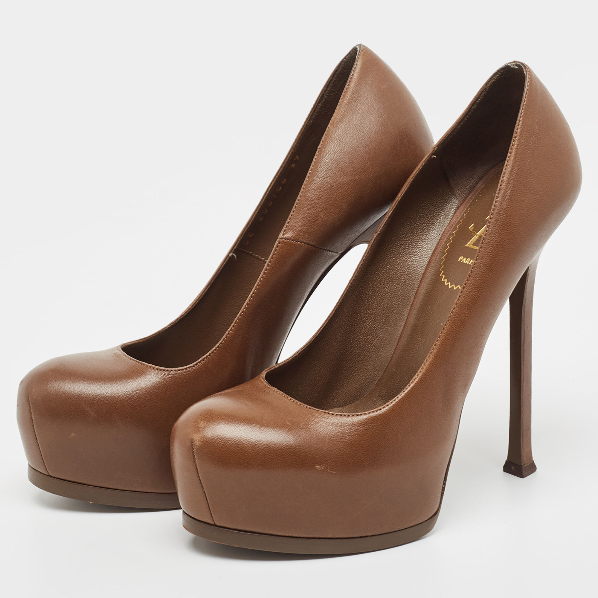 Saint Laurent Brown Leather Tribtoo Platform Pumps Size 39