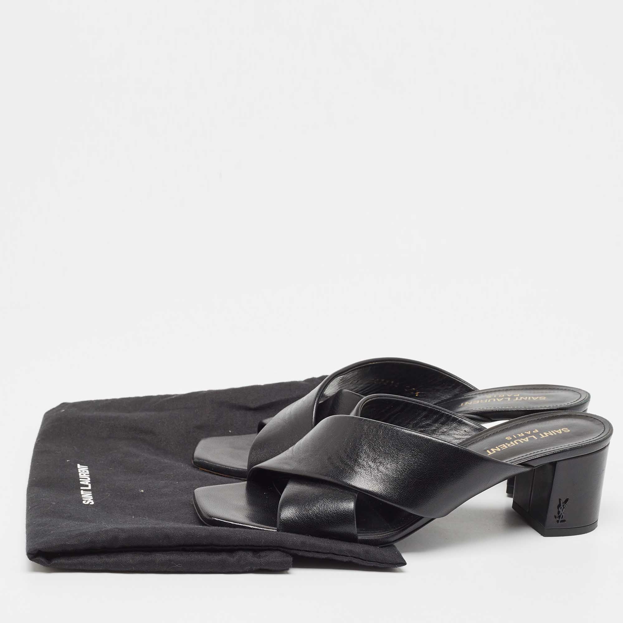 Saint Laurent Black Leather Loulou Cross Strap Block Heel Sandals Size 39.5