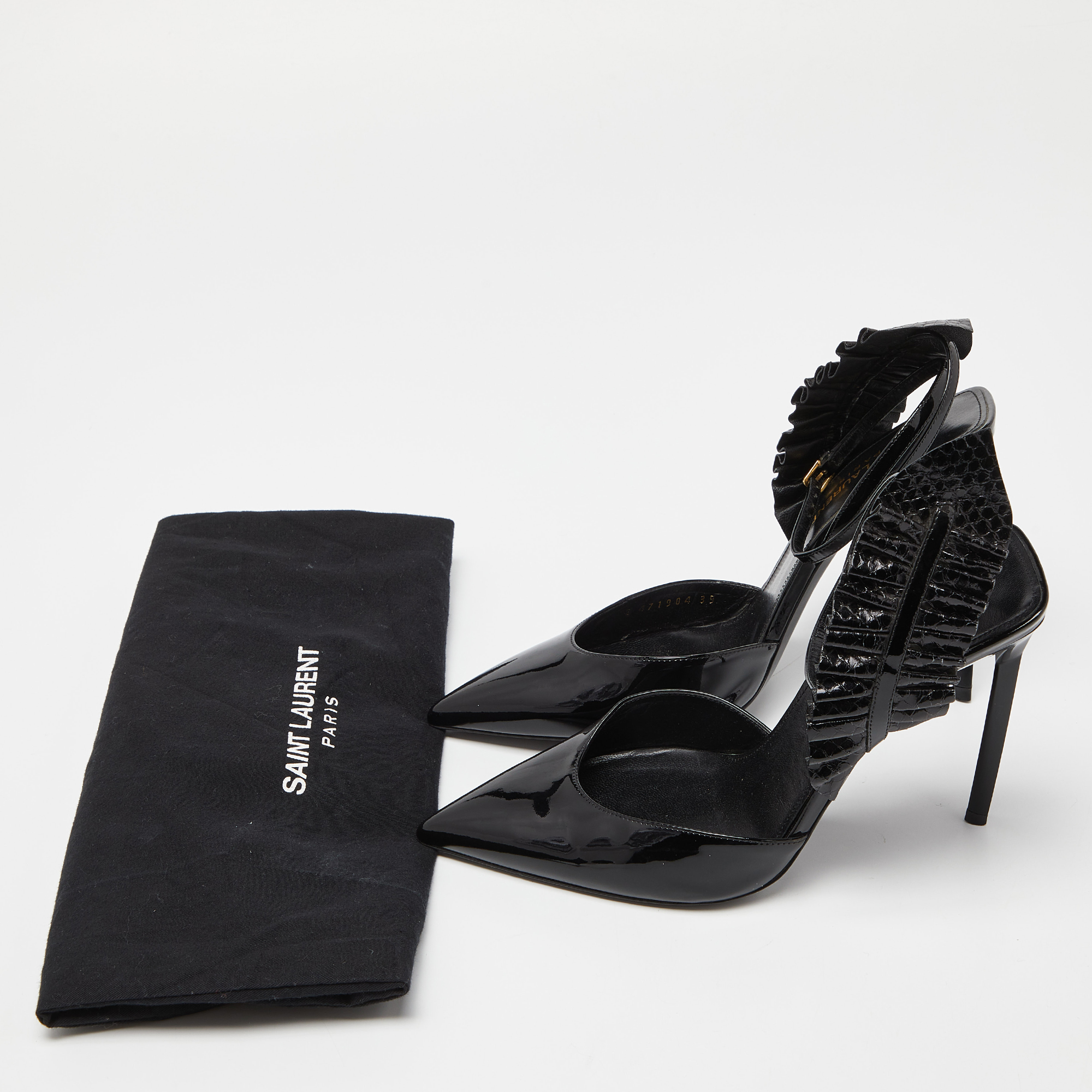 Saint Laurent Black Patent Leather And Watersnake Leather Pointed Toe Slingback Sandals Size 39