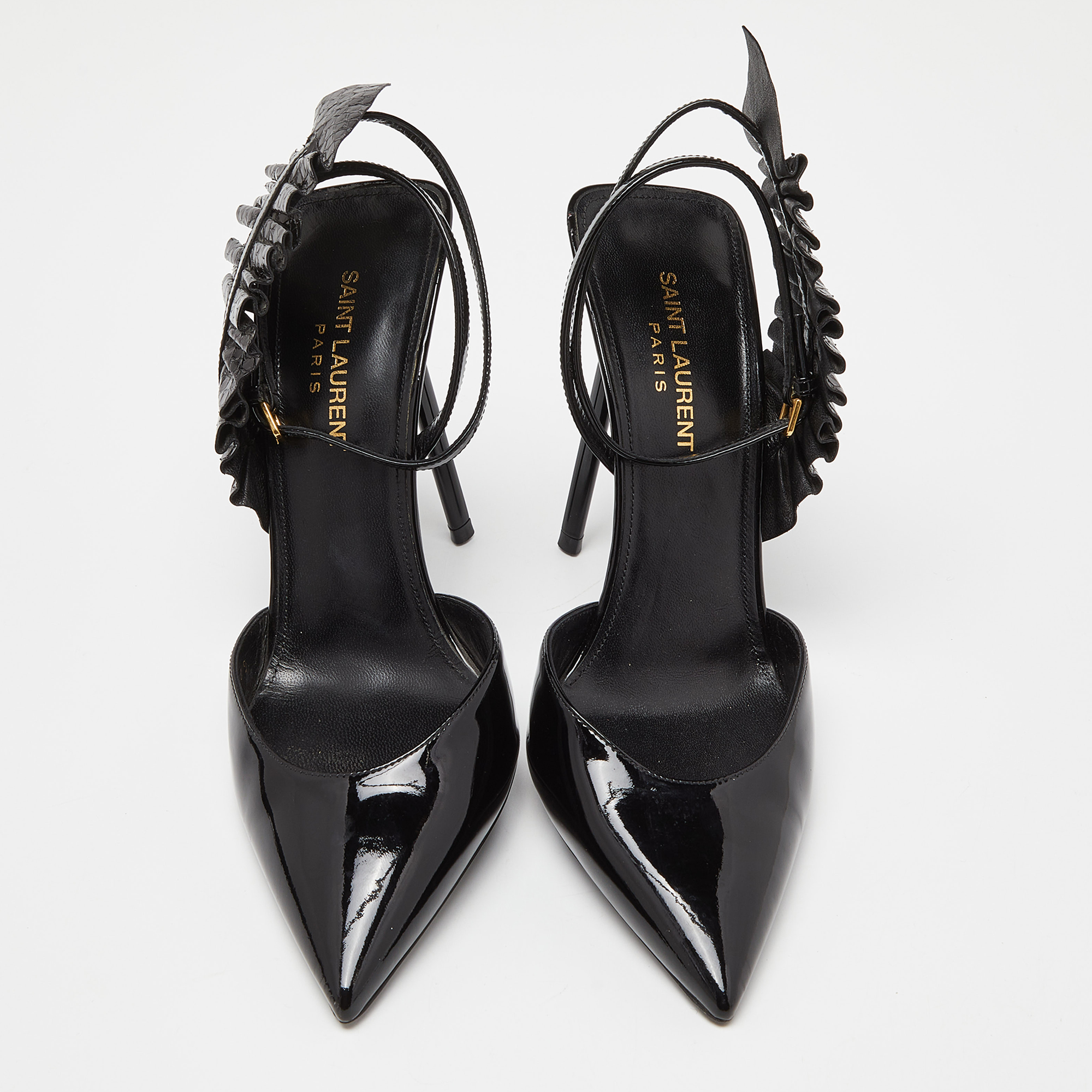 Saint Laurent Black Patent Leather And Watersnake Leather Pointed Toe Slingback Sandals Size 39