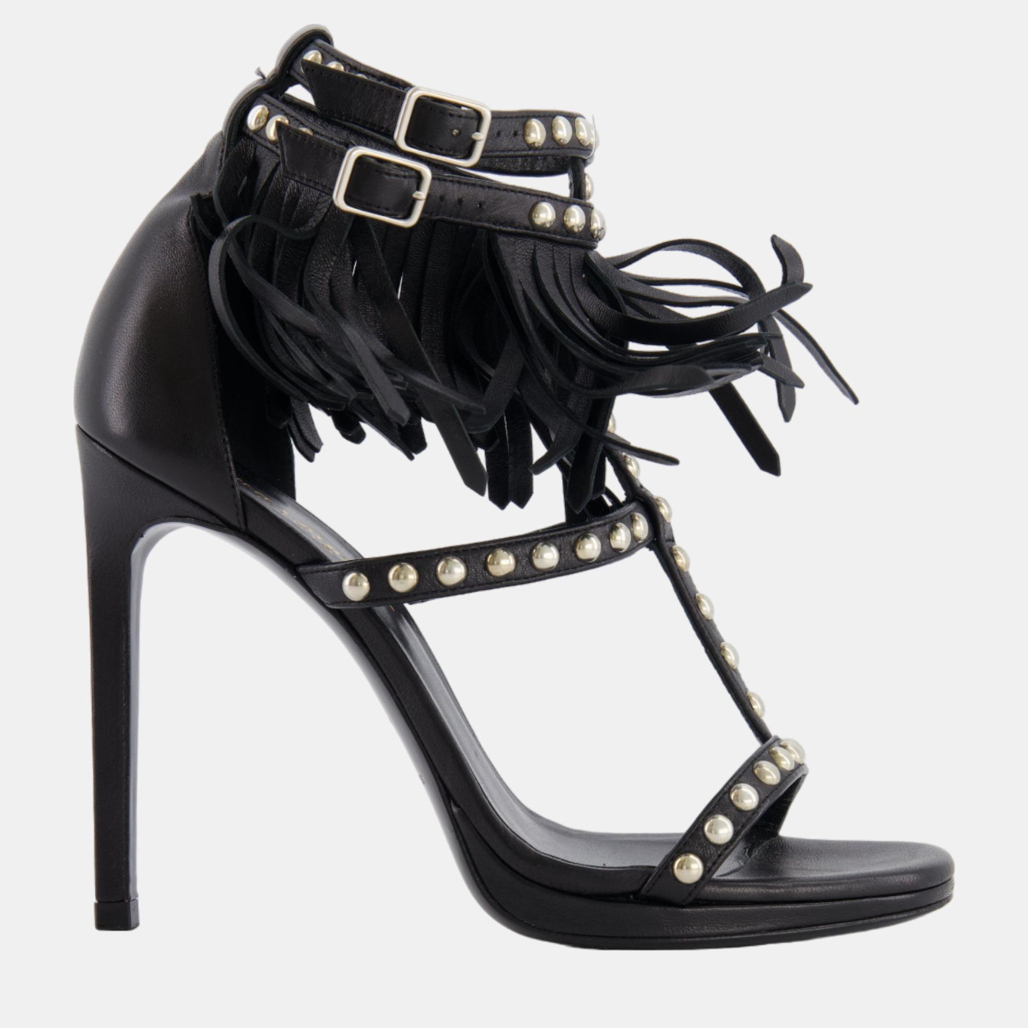 Saint laurent paris saint laurent black leather studded sandal heel with tassels size eu 36
