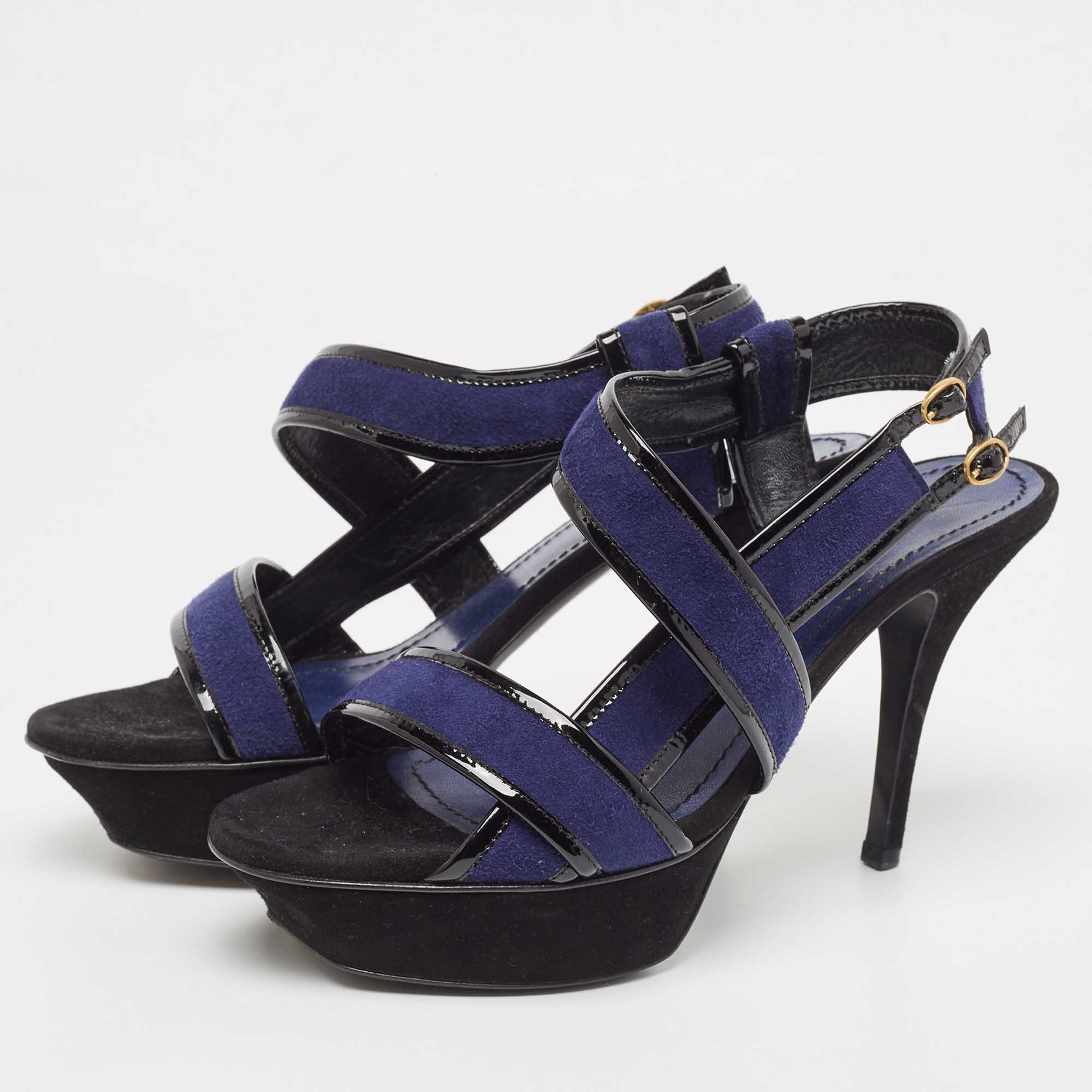 Saint Laurent Navy Blue/Patent Leather Platform Ankle Strap Sandals Size 37.5