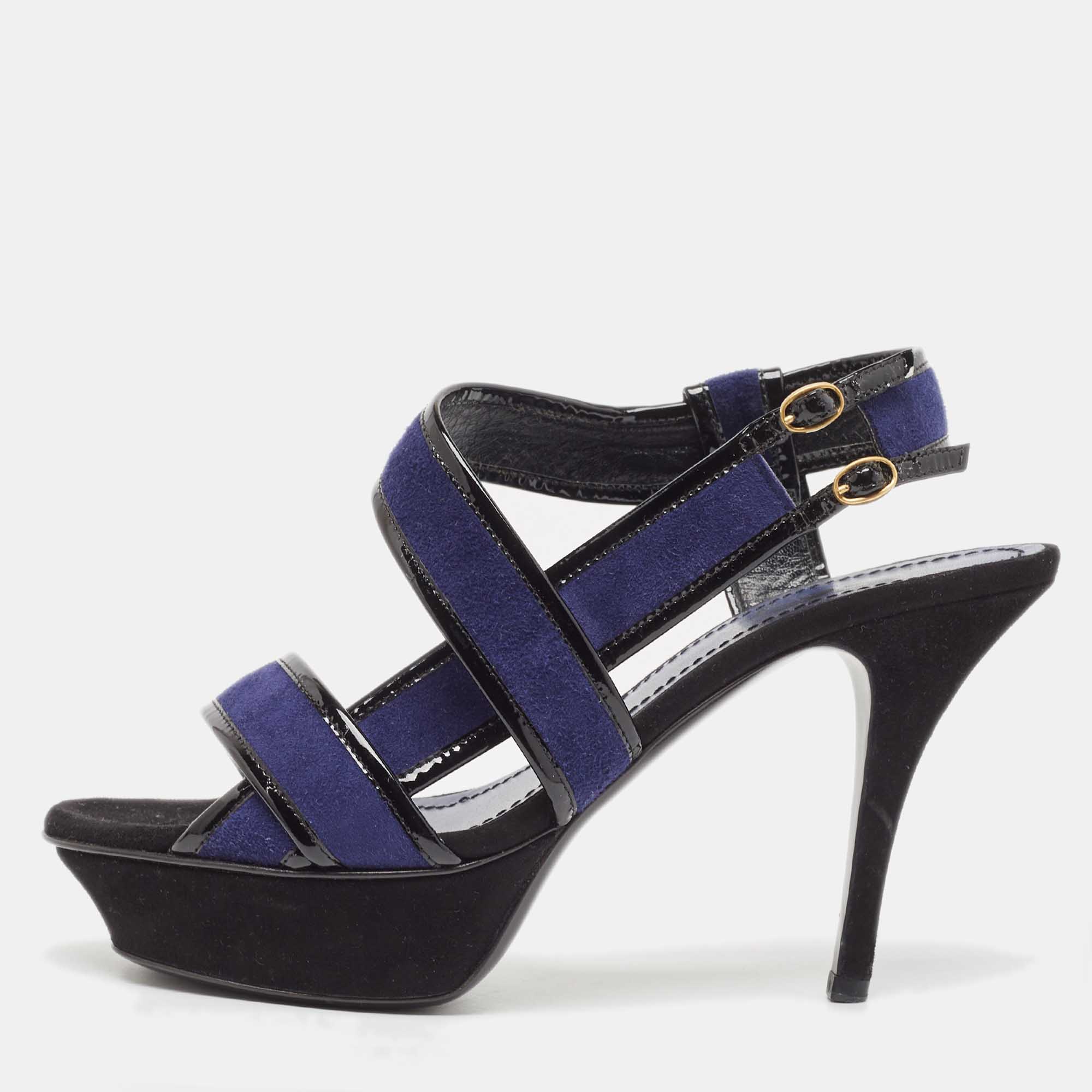 Saint laurent paris saint laurent navy blue/patent leather platform ankle strap sandals size 37.5