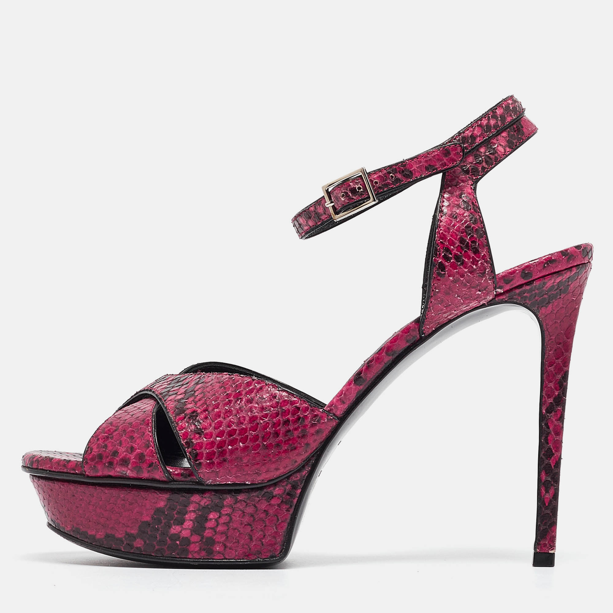 Saint laurent paris saint laurent pink/black embossed snakeskin tribute sandals size 38