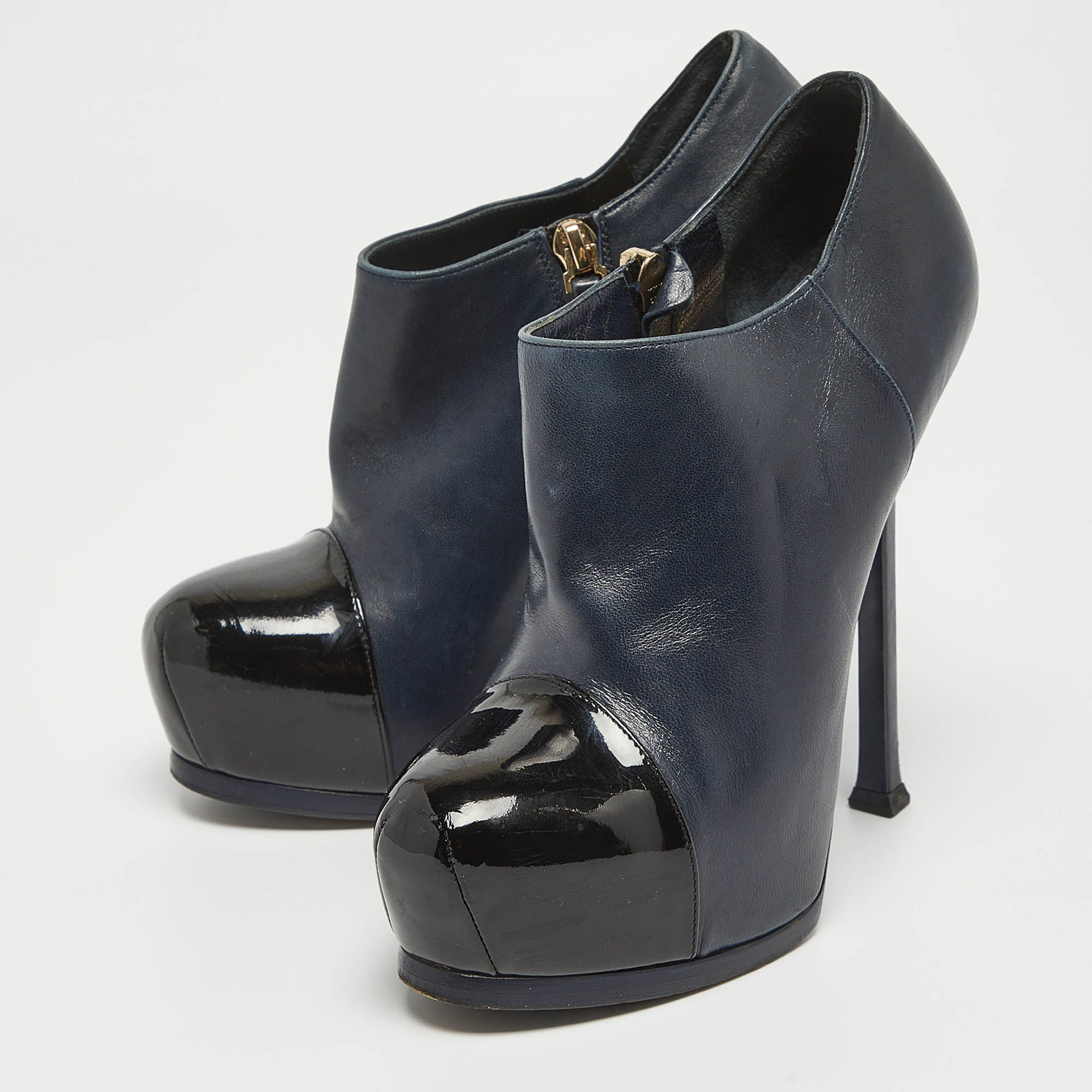 Yves Saint Laurent Navy Blue/Black Leather And Patent Leather Tribute Platform Ankle Booties Size 36