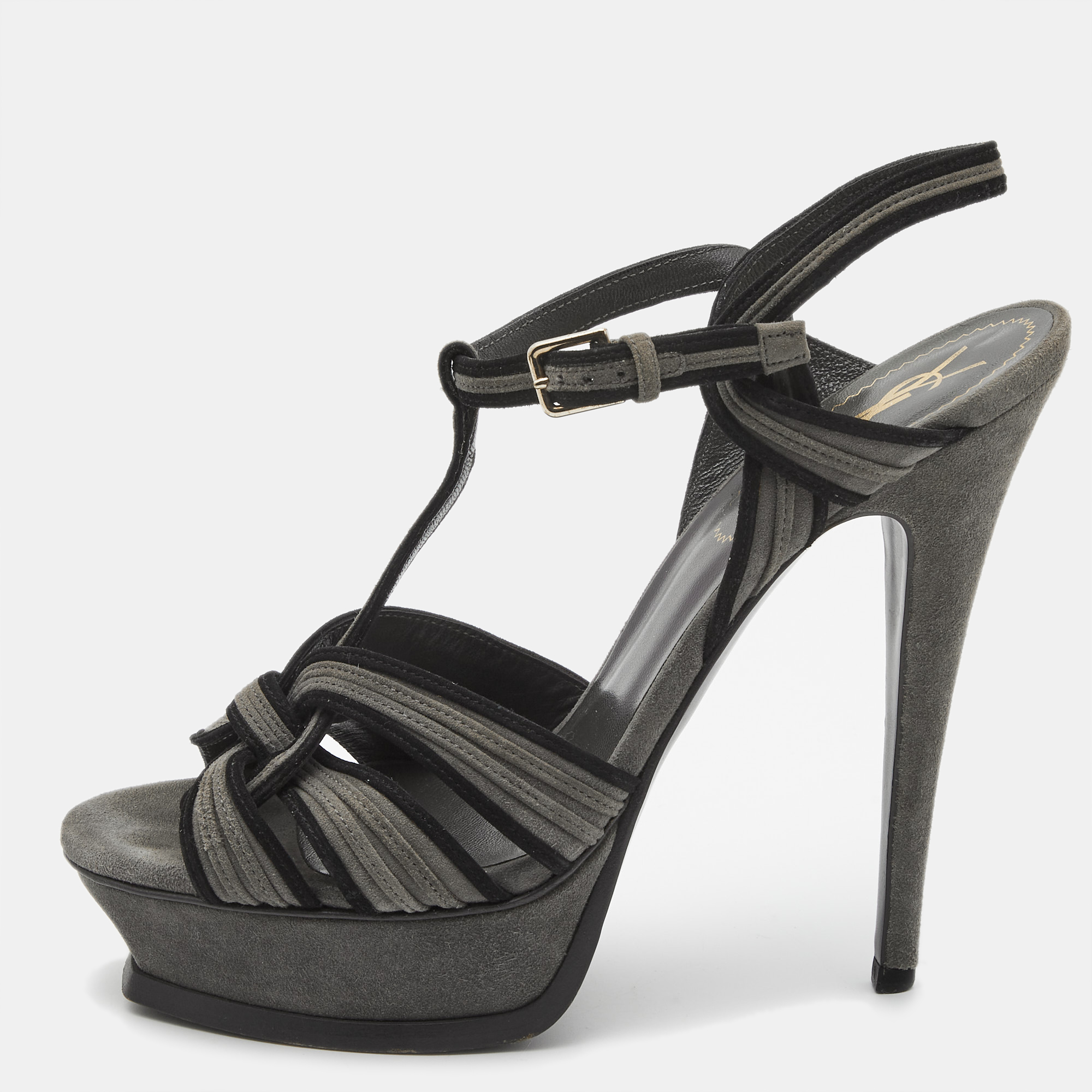 Saint laurent paris saint laurent grey/black suede tribute sandals size 39