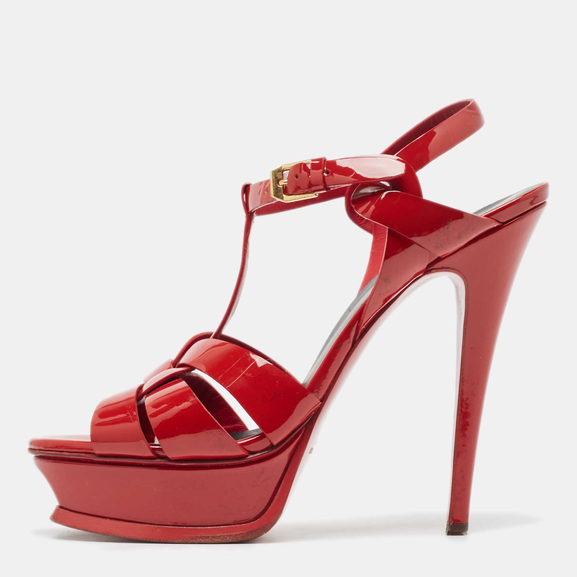 Saint laurent paris saint laurent red patent leather tribute platform ankle strap sandals size 38.5