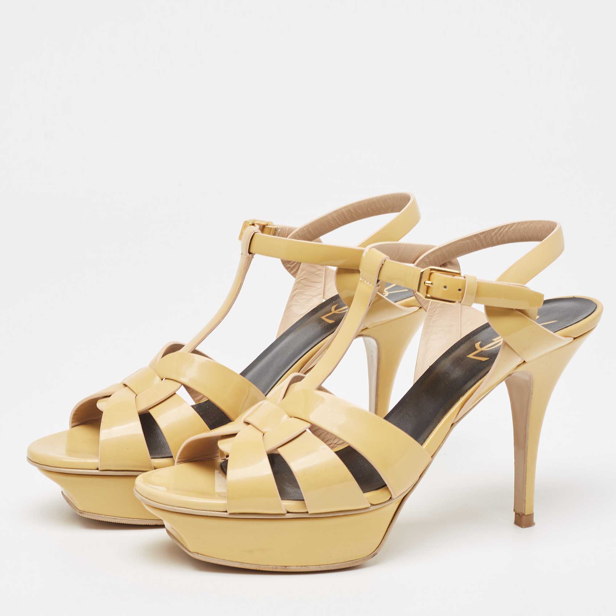 Saint Laurent Paris Beige Patent Leather Tribute Platform Ankle Strap Sandals Size 39