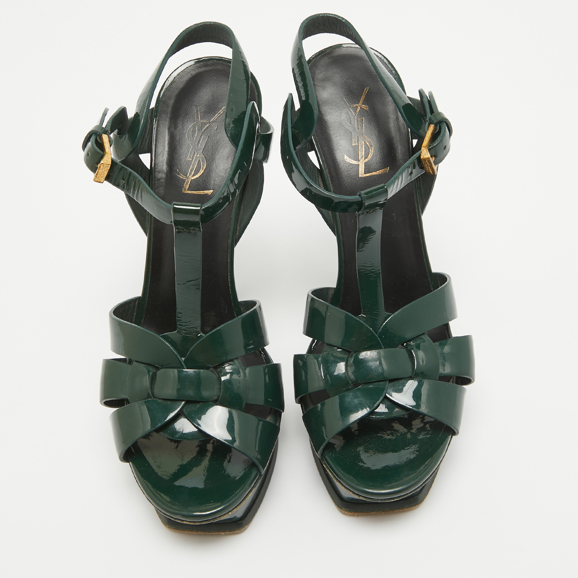 Saint Laurent Dark Green Patent Leather Tribute Sandals Size 37