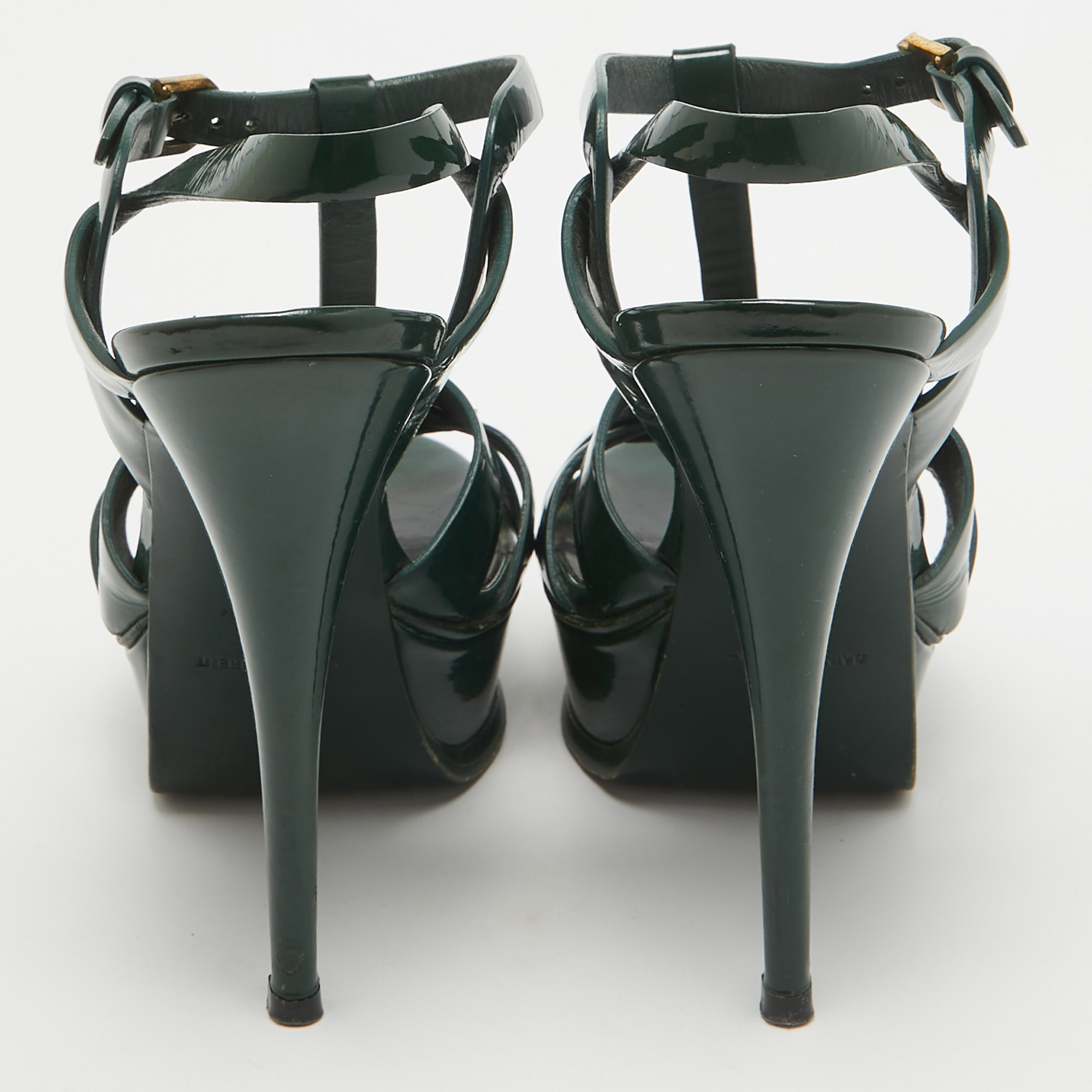 Saint Laurent Dark Green Patent Leather Tribute Sandals Size 37