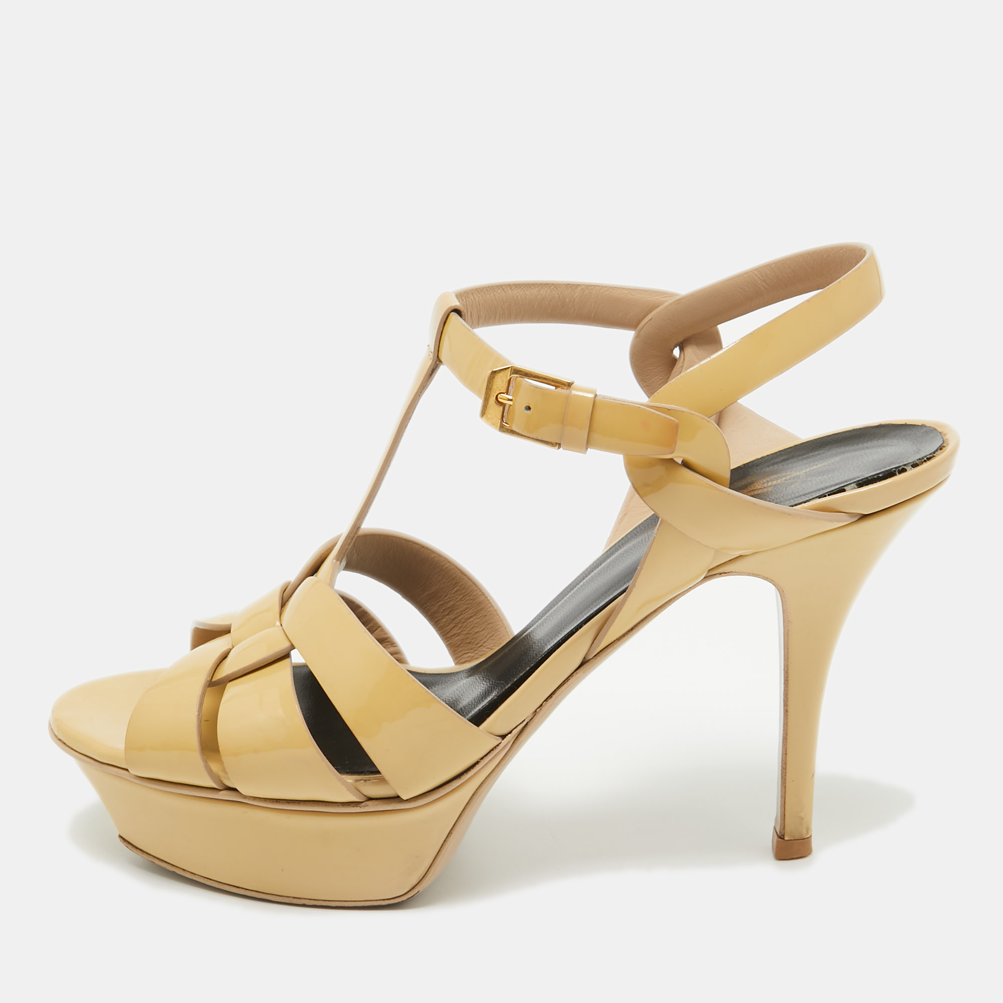 Saint laurent paris beige patent leather tribute platform ankle strap sandals size 36.5