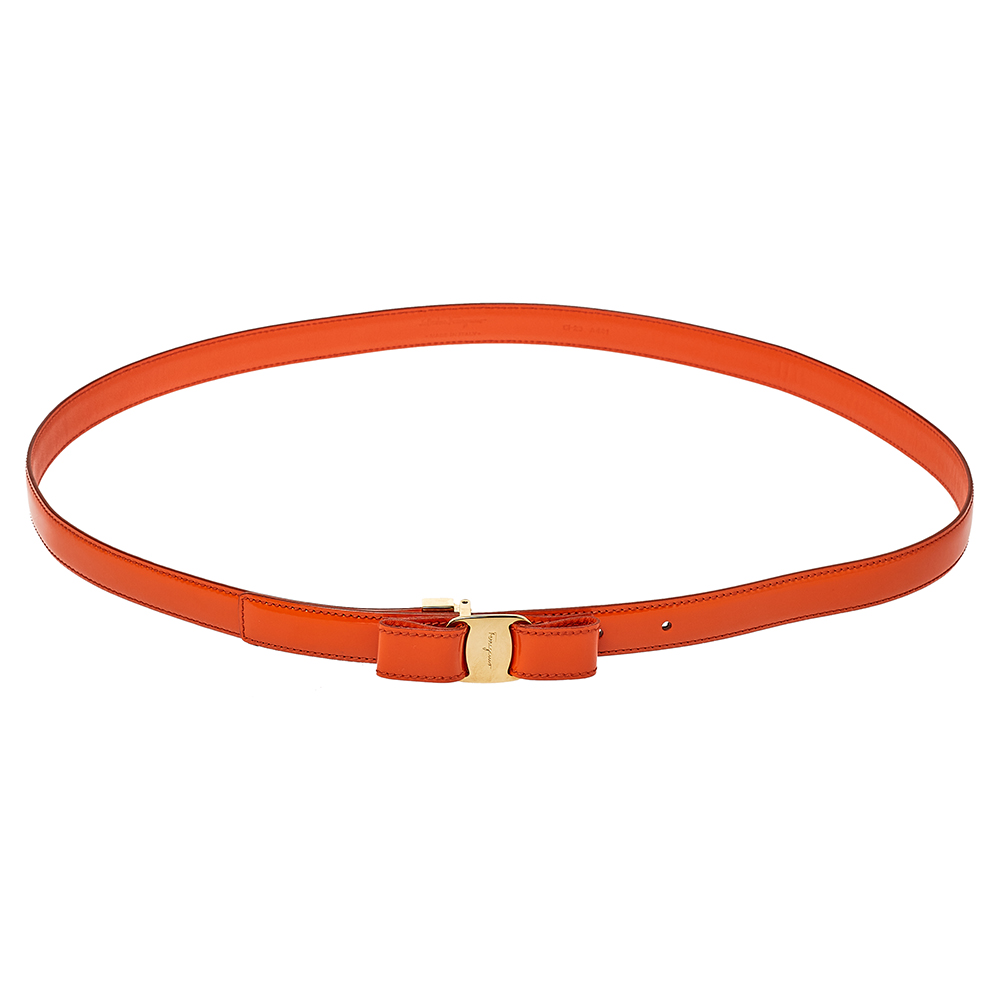 Salvatore Ferragamo Orange Patent Leather Vara Bow Slim Belt 100 CM