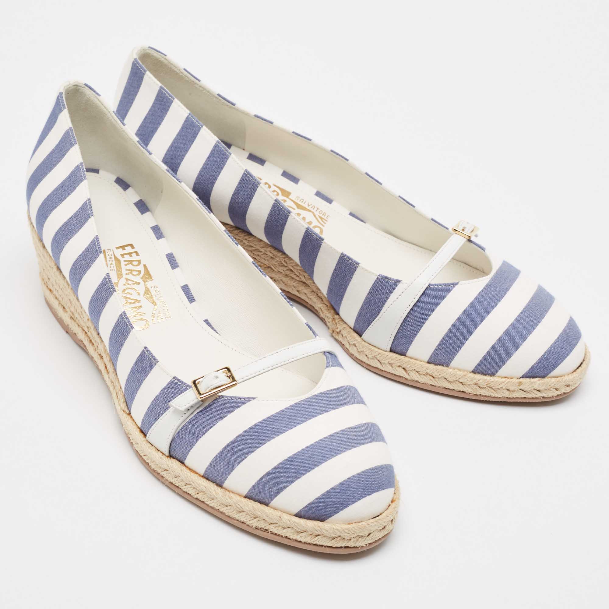 Salvatore Ferragamo Blue/White Striped Fabric Audrey Wedge Espadrille Pumps Size 40