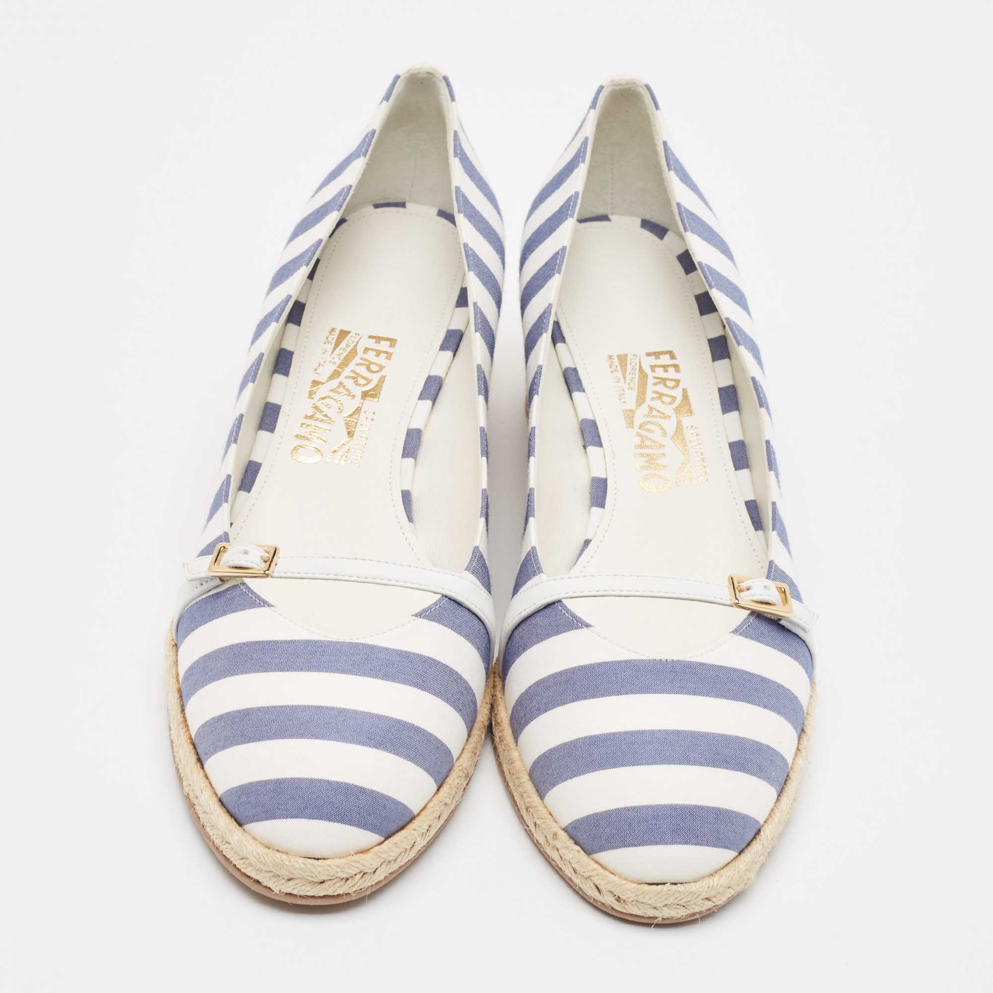 Salvatore Ferragamo Blue/White Striped Fabric Audrey Wedge Espadrille Pumps Size 40