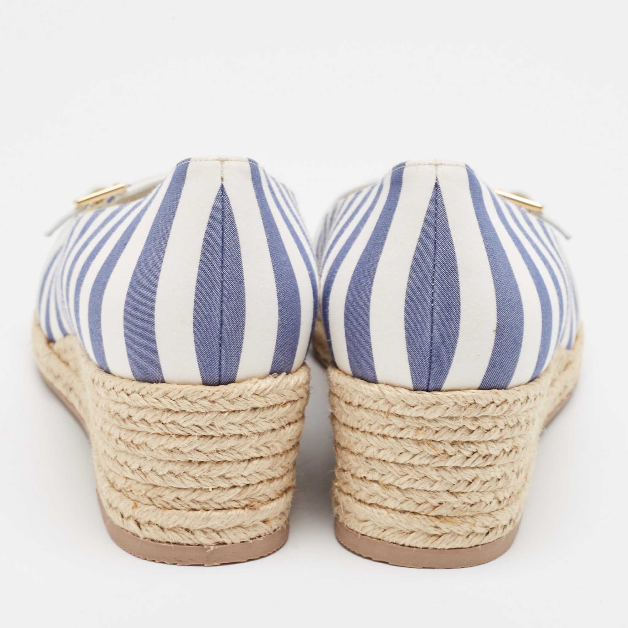 Salvatore Ferragamo Blue/White Striped Fabric Audrey Wedge Espadrille Pumps Size 40