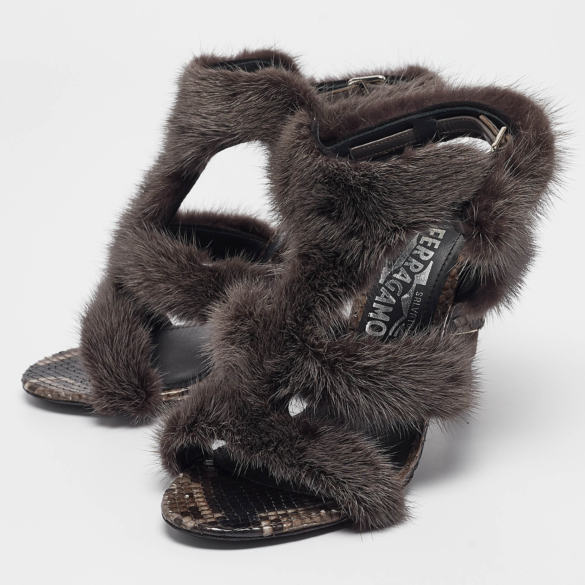 Salvatore Ferragamo Grey Fur Python Leather Ankle Strap Sandals 36.5