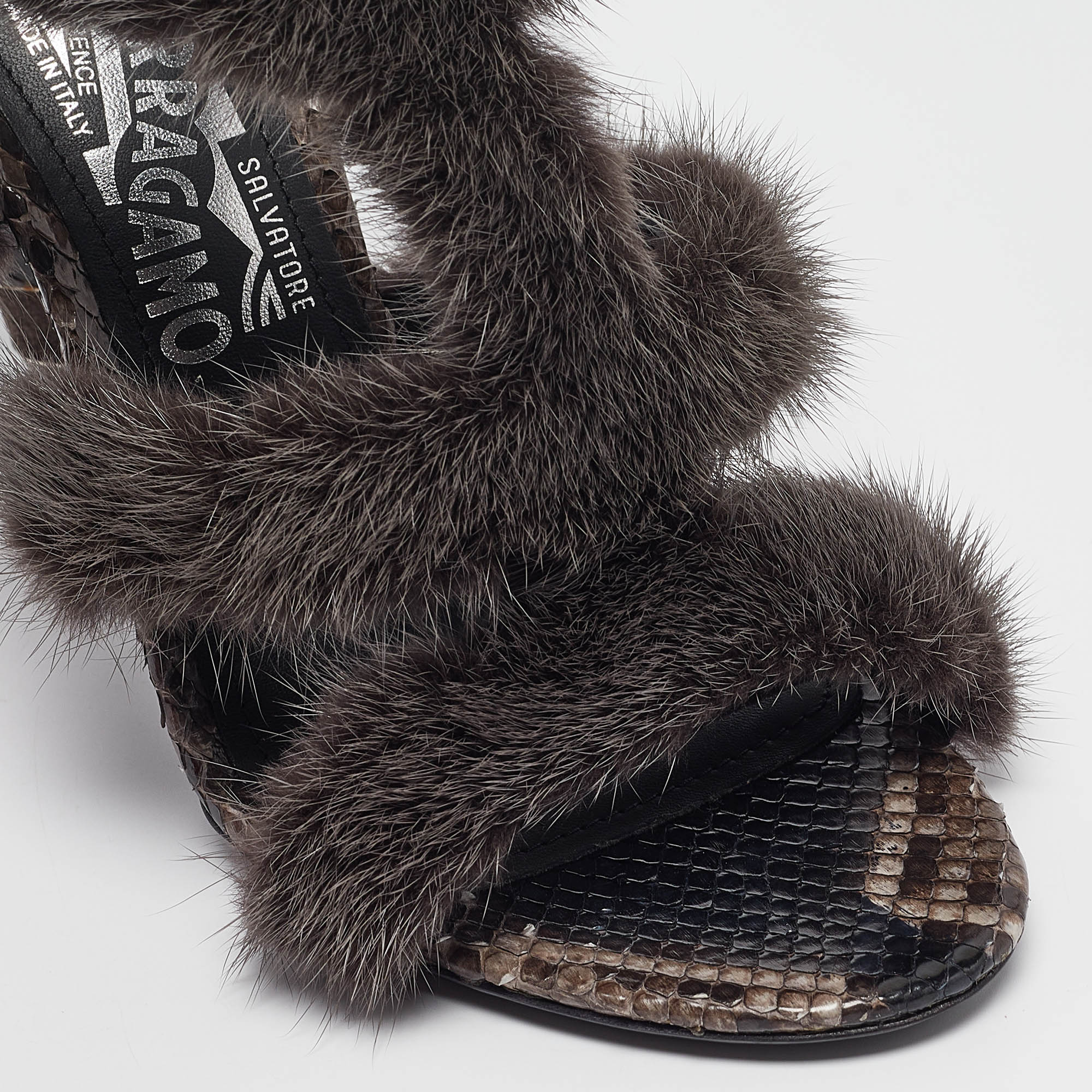 Salvatore Ferragamo Grey Fur Python Leather Ankle Strap Sandals 36.5