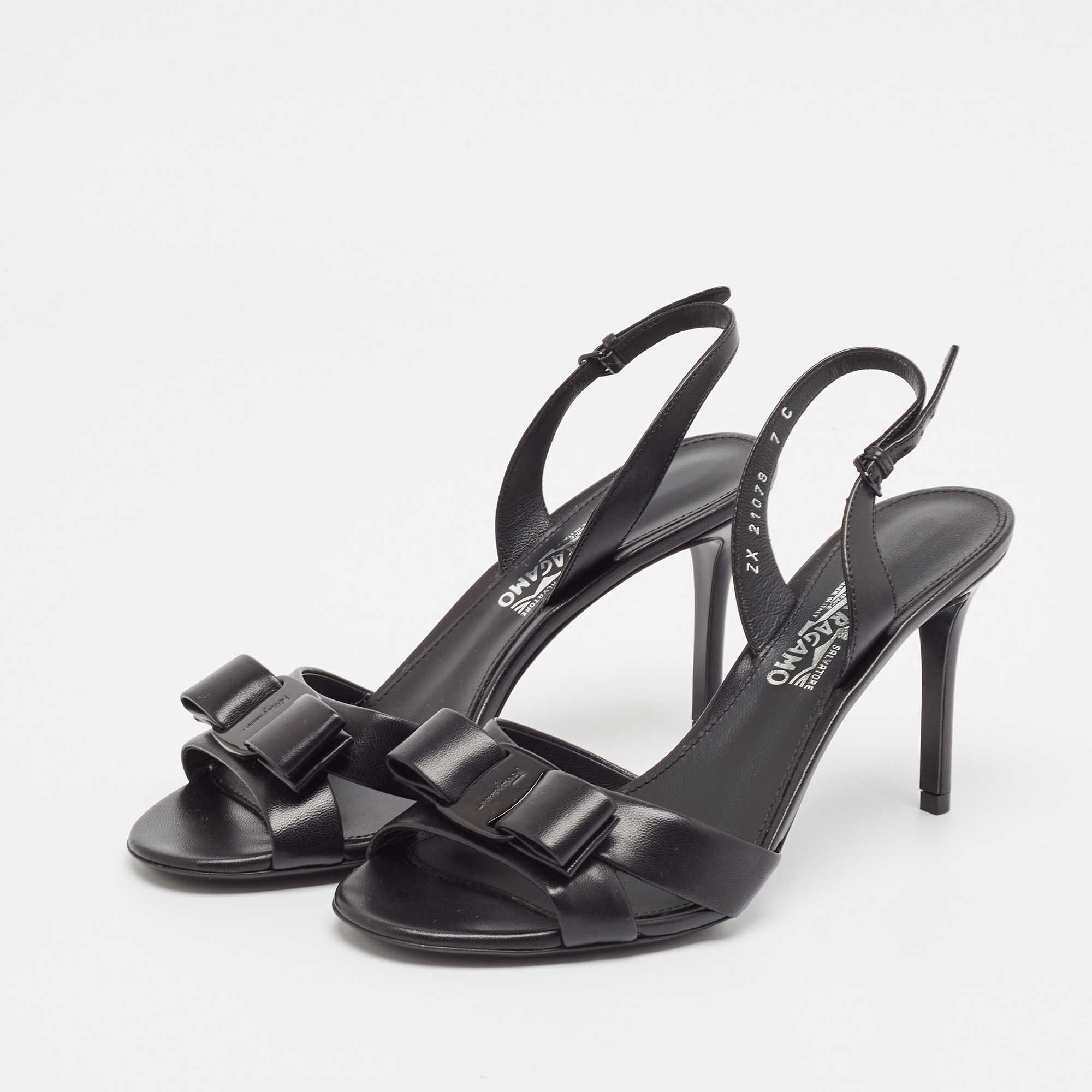 Salvatore Ferragamo Black Leather Lida Slingback Sandals Size 37.5