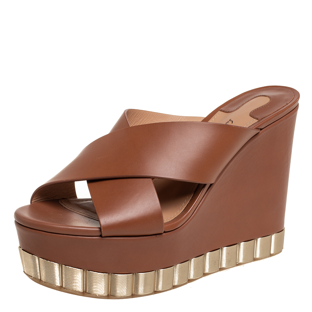 Salvatore Ferragamo Brown Leather Nicosia Wedge Platform Cross Strap Sandals Size 36.5