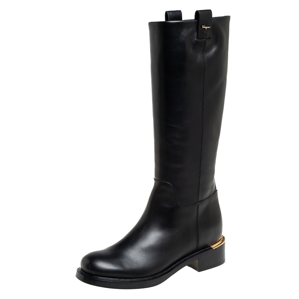 Salvatore Ferragamo Black Leather Liam Knee Length Boots Size 36.5