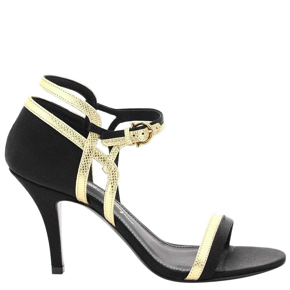 Salvatore Ferragamo Black/Gold Satin Summer Sandals Size US 6.5 EU 37