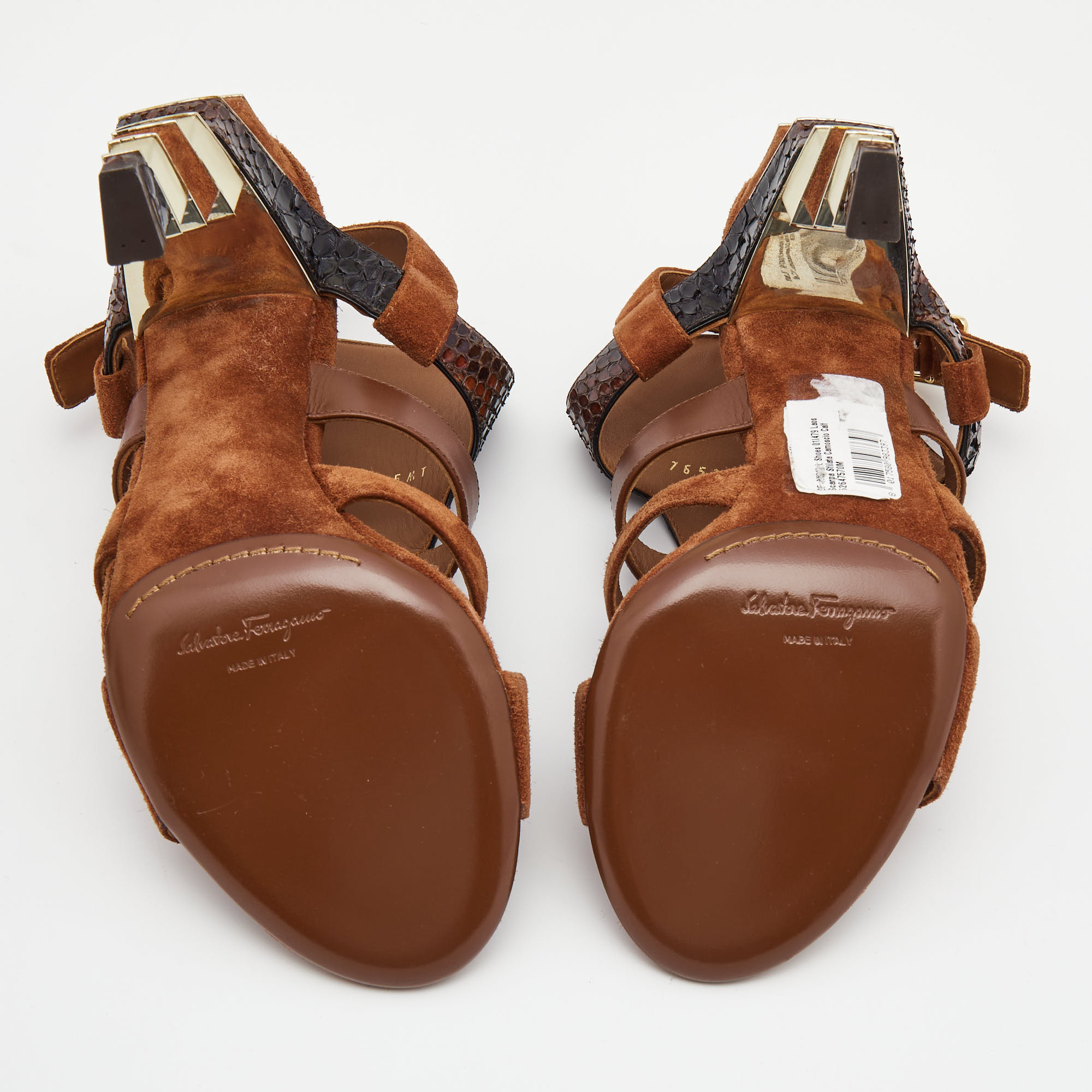 Salvatore Ferragamo Tricolor Suede And Python Leather Laos Strappy Sandals Size 37.5